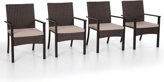 PHI VILLA Outdoor Wicker Chairs Set of 4, Rattan Covered Metal Armchairs with Removable Cushion, Heavy Duty Furniture Set for Patio, Deck, Porch, Yard