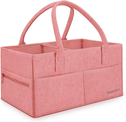 Runsabay. Diaper Caddy Organizer for Newborn Baby Essentials, Large Nursery Storage Bin, Car Organizer for Baby Diapers and Wipes, Baby Basket with Handles - Pink