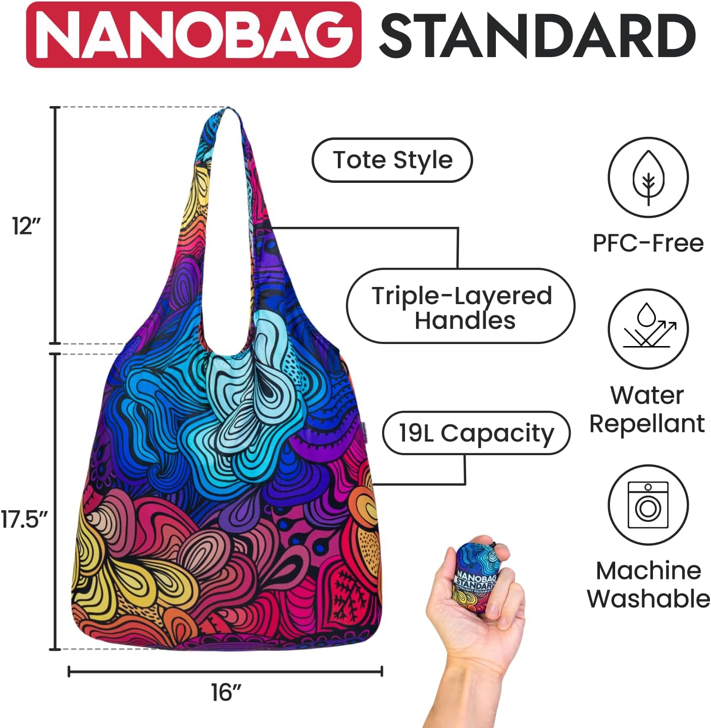 Nanobag Ultra-Lightweight Foldable Tote for Women & Men, Reusable Grocery & Travel Bag, Packable Collapsible Compact Market Essential (Standard Porcelain)