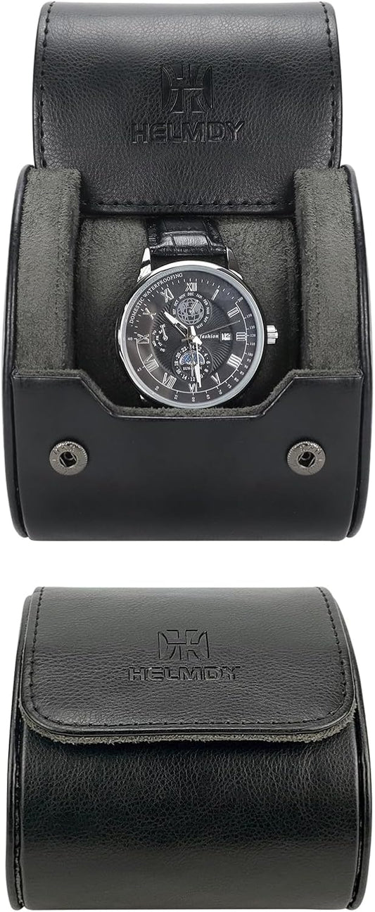 Watch Travel Case - Single Watch Roll Storage Box Organizer for Men's Women's Wristwatches & Smart Watches up to 50mm (Black / 1 Slot)