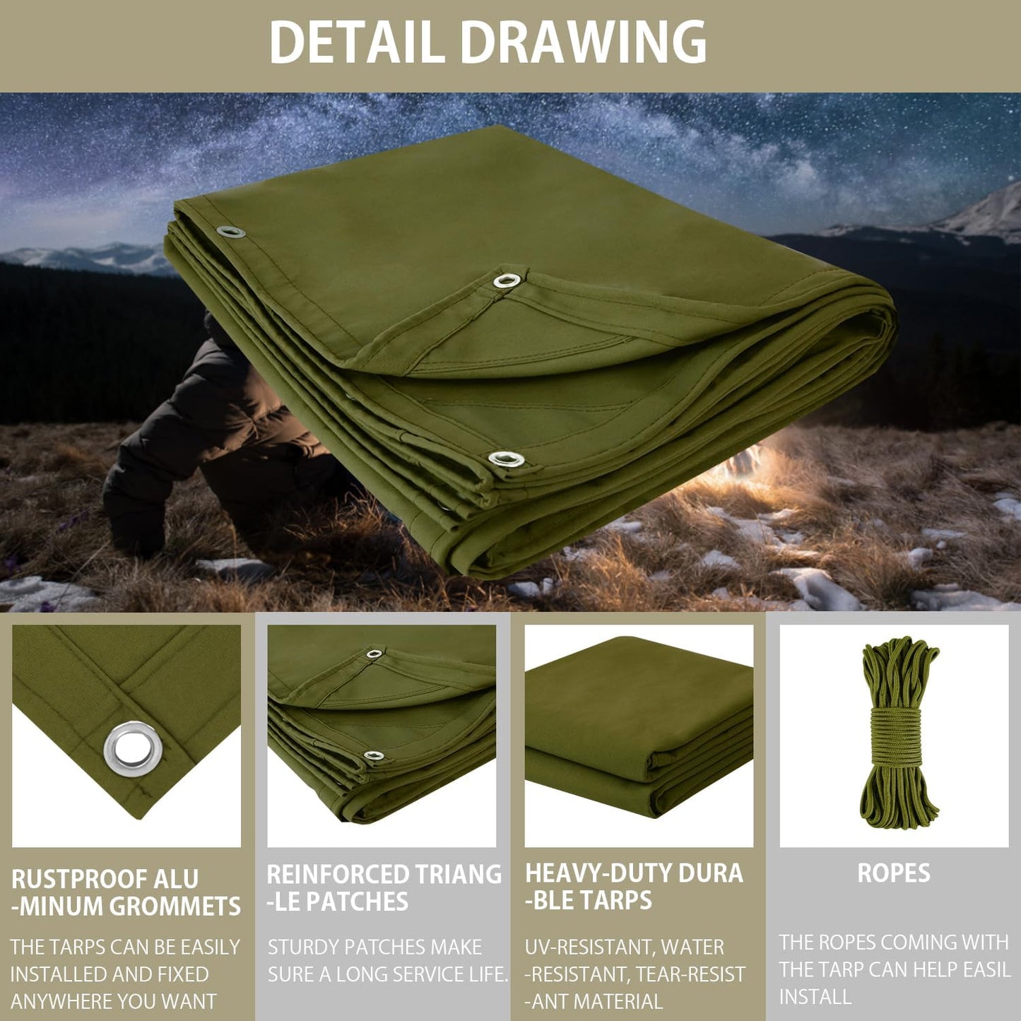 FoundGo Canvas Tarp 10x20ft Heavy Duty Waterproof Tarps with Grommets, UV Resistant, 22 Mil Tarpaulin,14 oz Durable Cloth Covers for Car, Roof, Boat, Camp, Canopy, Woodpile with Ropes-Moss