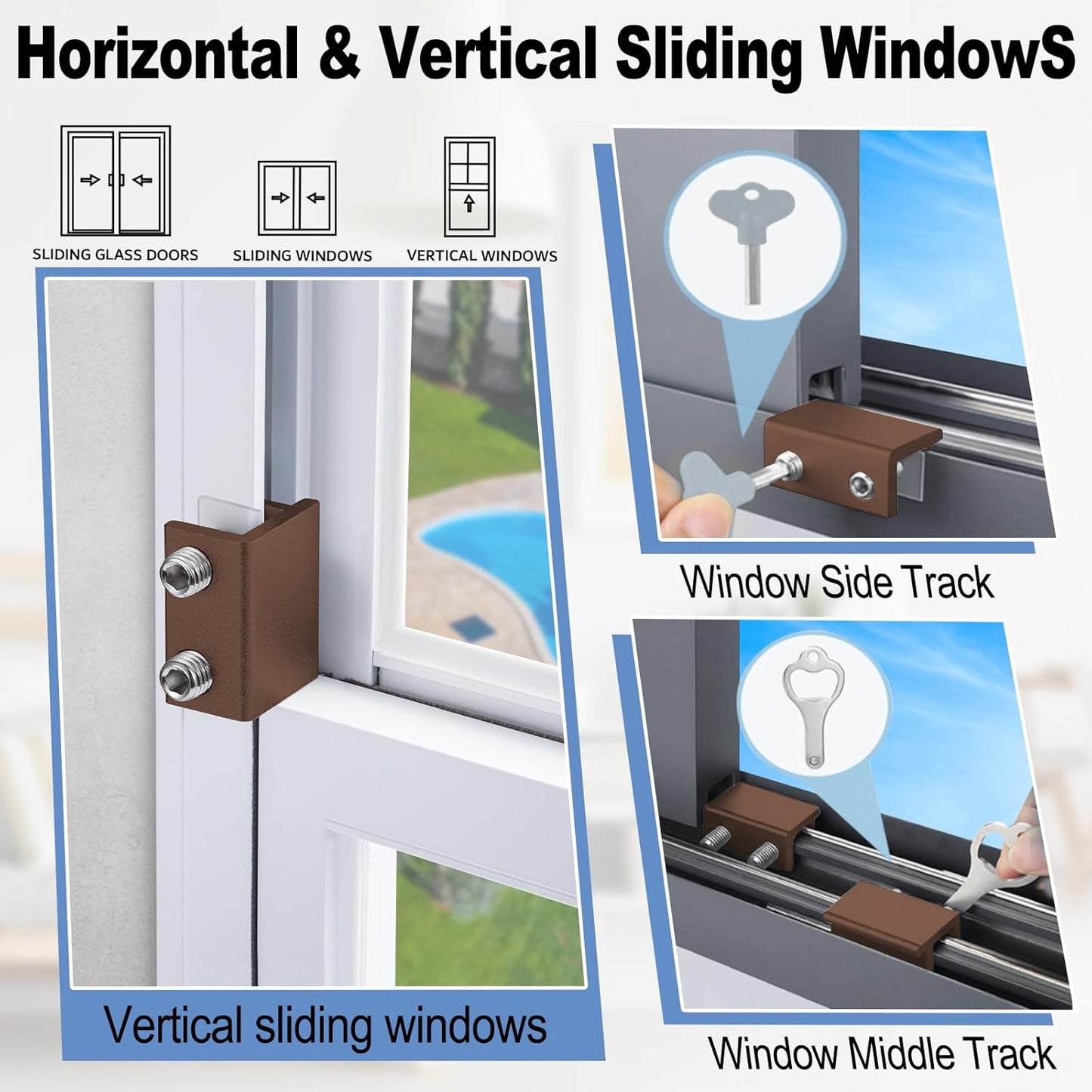 Window Locks for Sliding Windows - Sliding Window Lock Security with Keys - Adjustable Sliding Door Lock - Without Drilling Easv to Install Child Locks for Sliding Door,Patio Door(8 Sets Brown)