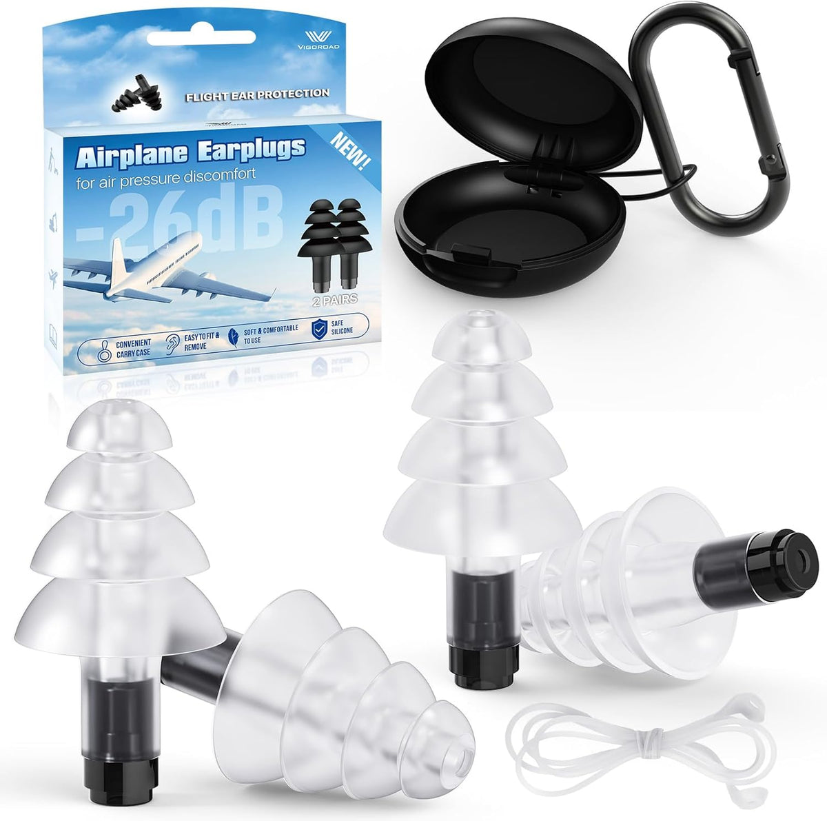 Ear Plugs for Airplane Pressure Relief, 2 Pairs Adults Soft Silicone Reusable Airplane Earplugs 26dB, with Silicone Connector Cord, Travel Essentials for Flying, Ear Protection Earplugs for Plane