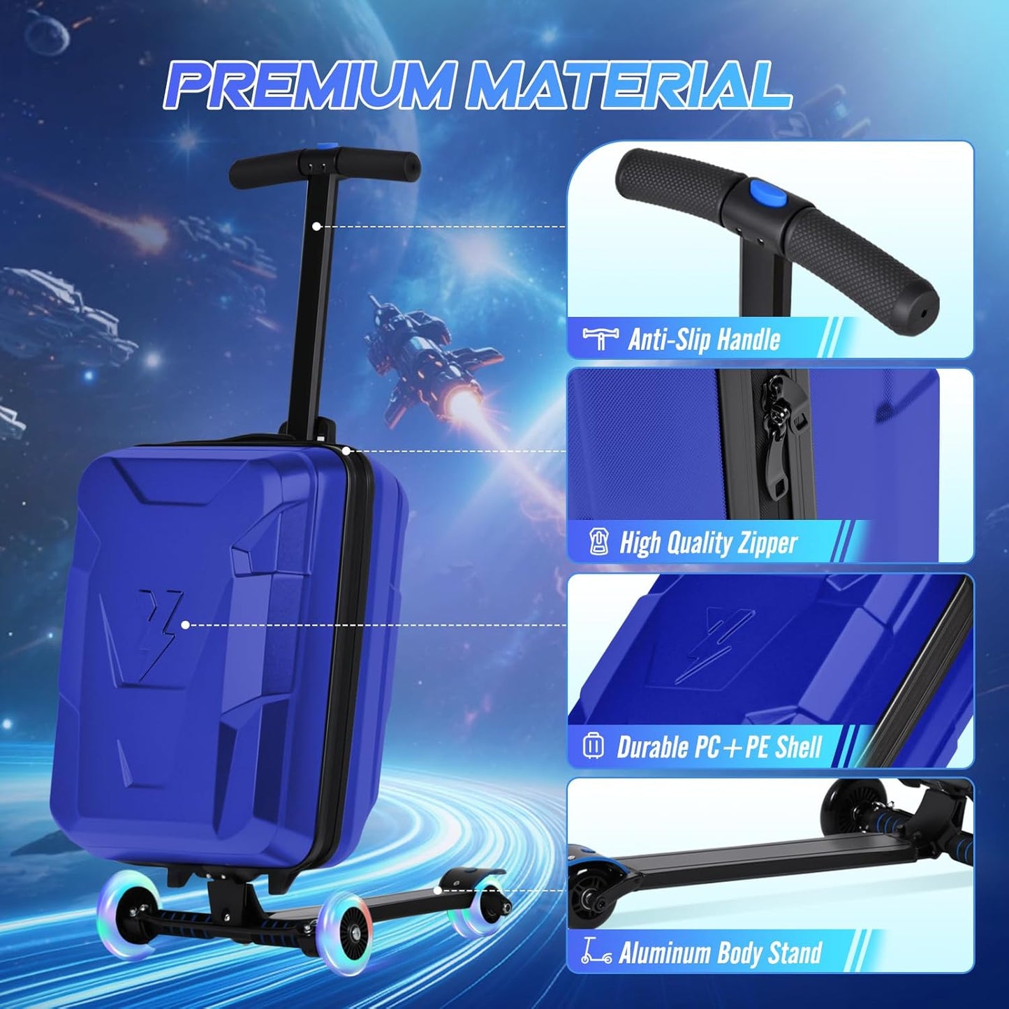 smilesun Scooter Suitcase for Kids & Adults, Foldable Carry On Travel Luggage, Hardside Ride on Scooter Suitcase with LED Light up Wheels，Blue