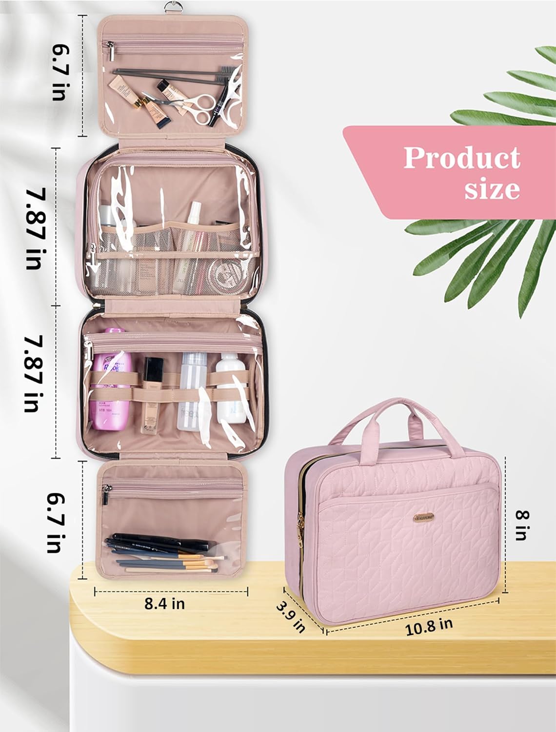 Pink Toiletry Bag, Makeup Organizer, Travel Bag For Women Mens Toiletries, Waterproof with Hanging Hook, Large Capacity