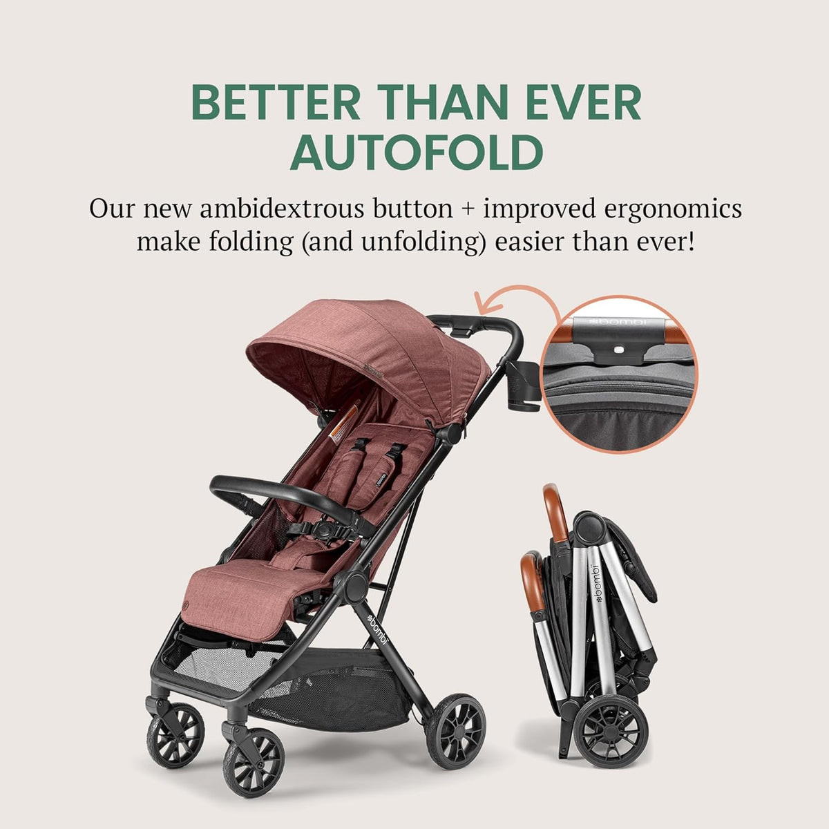 Bombi Bēbee V2 Lightweight Baby Stroller - Premium Vegan Leather, One-Hand Fold, Infinite Recline, Aircraft-Grade Aluminum Frame, XXL Canopy, and Ample Storage Umbrella Stroller - Desert Berry