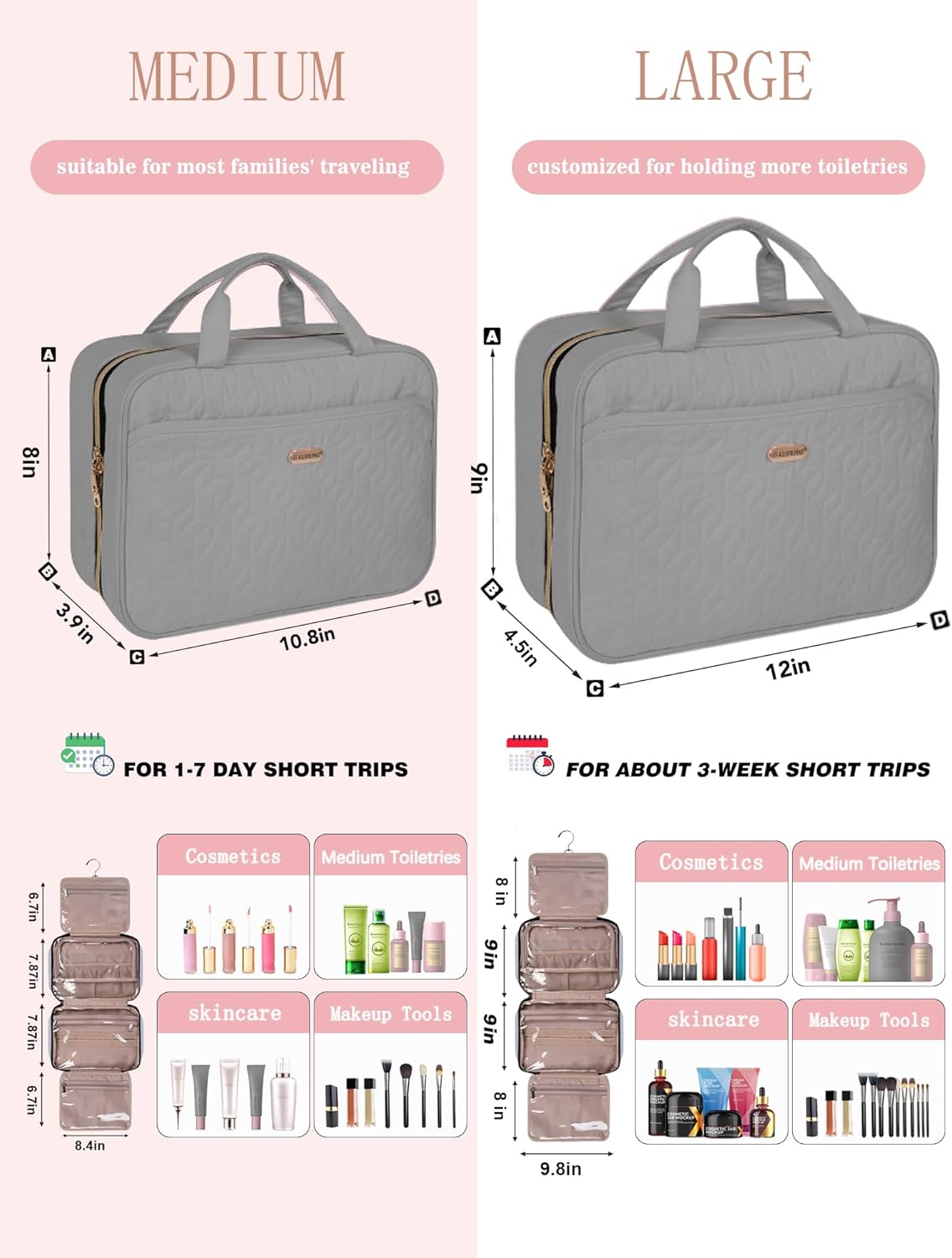 BALHLHG Toiletry Bag for Women With Hanging Hook, Medium Travel Makeup Organizer, Water-resistant Cosmetic Toiletries Bag for Bathroom, Trip, Business, Grey