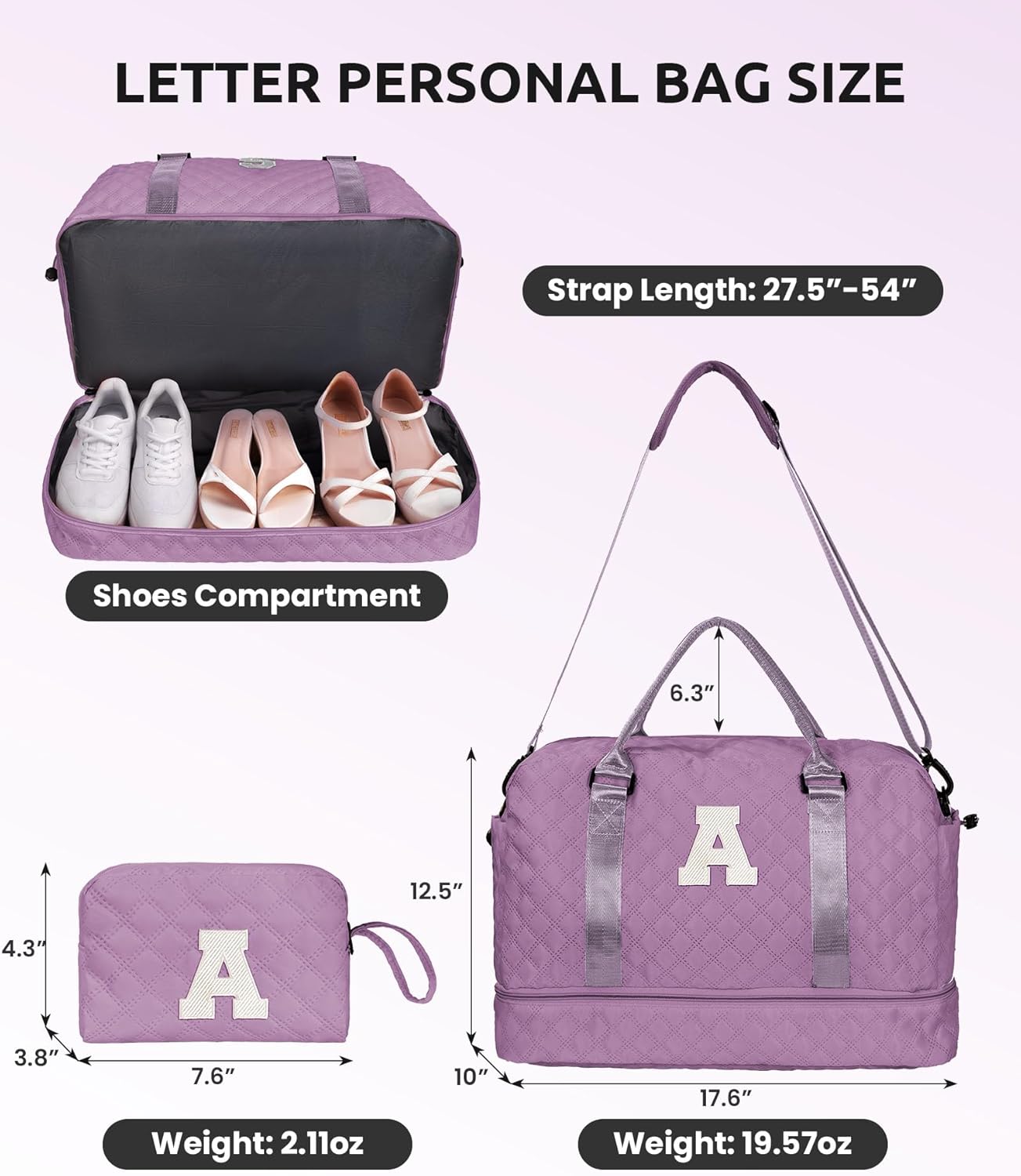 Women's Personalized Monogram Overnight Weekender with Shoulder Strap, Wet Pocket, Makeup Bag Gifts (Letter W)