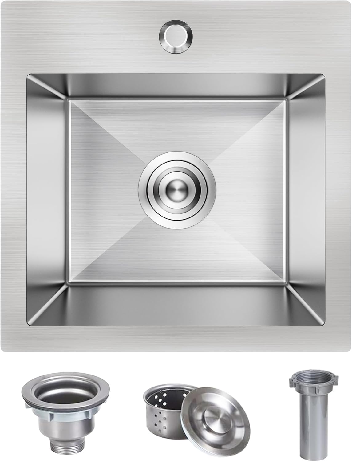 15 x 15 Inch Drop In Kitchen Bar Sink, Stainless Steel Single Bowl Topmount Bar Prep Sink Small Kitchen Sink with Basket Strainer