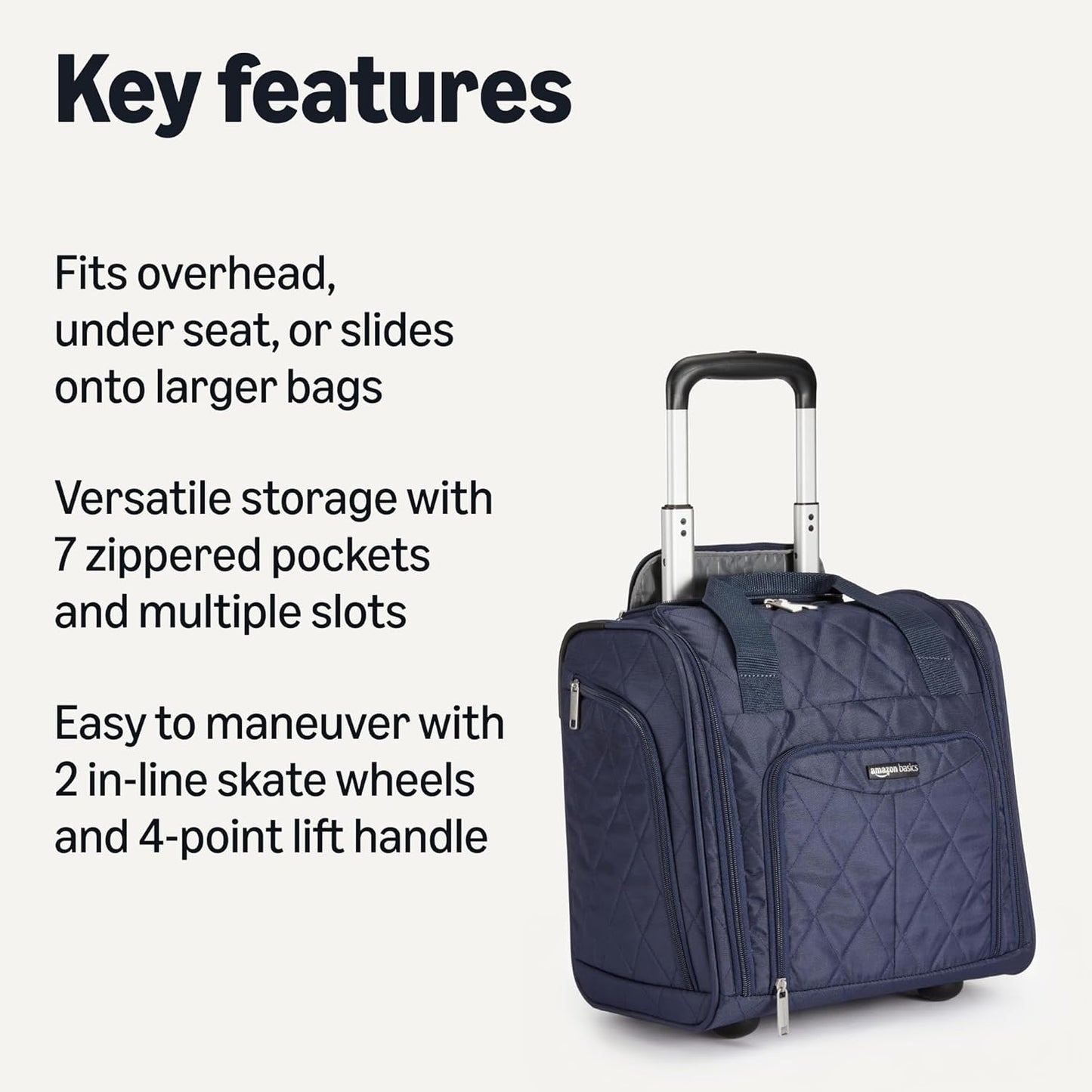 Amazon Basics Underseat Carry On Luggage with Wheels - 14" Rolling Travel Bag, Navy Quilted