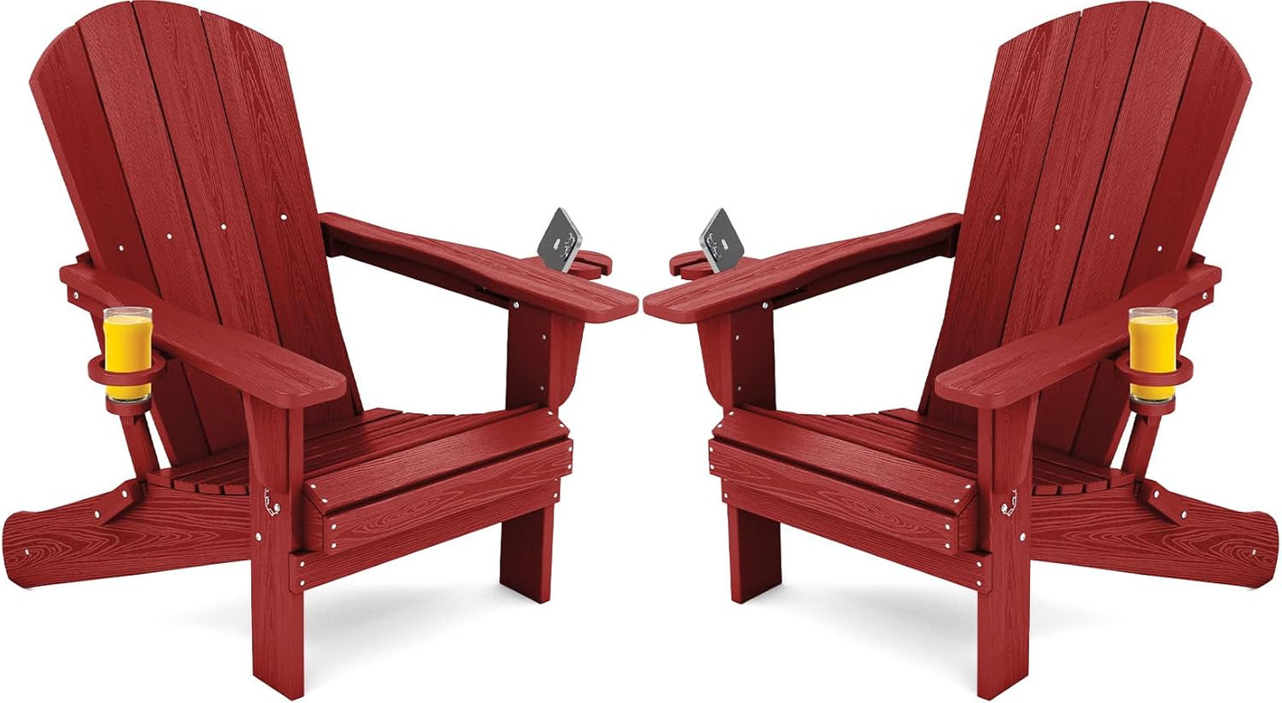 SERWALL Adirondack Chair with Cup Holders - Composite Adirondack Chairs Set of 2 HDPE Outdoor Chairs All Weather Use- Dark Red
