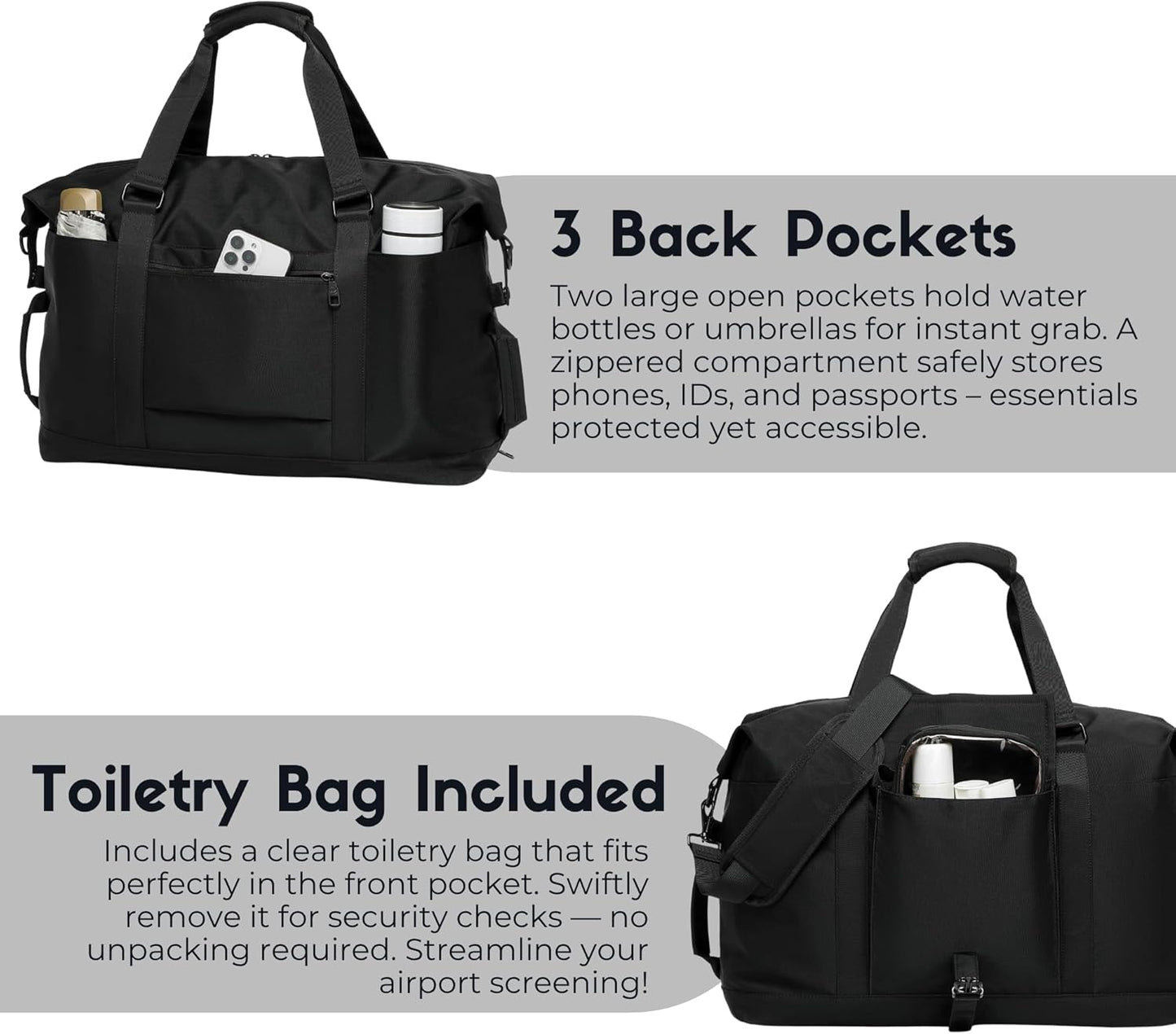 SUNNY BIRD Duffel with Utility Pouch, 40L Weekender Overnight Bag with Shoe Compartment for Travel and Sports (Black)