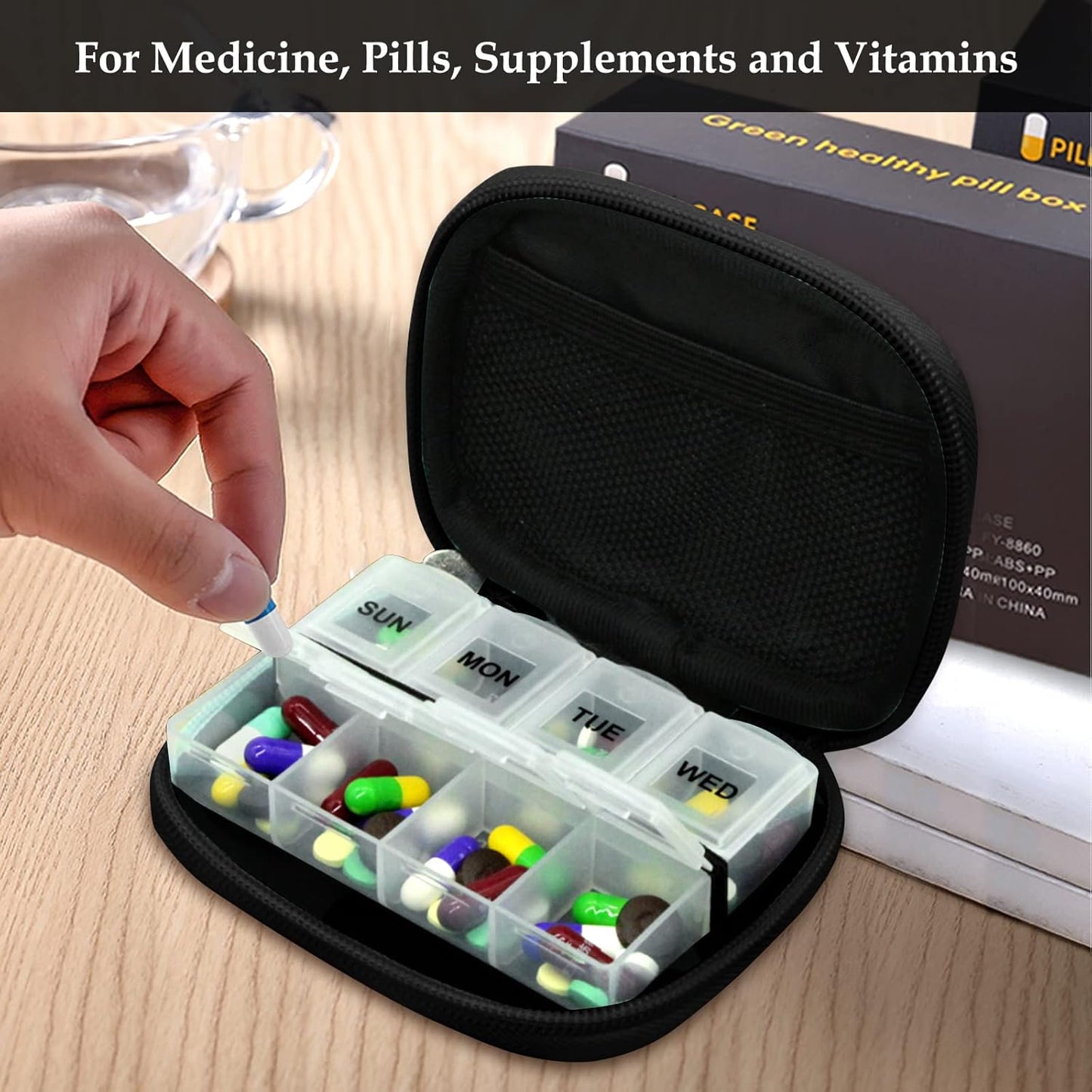 Serfeymi Weekly Travel Pill Organizer Pill Case for Purse with Removable 7 Day Pill Box, Fashionable Travel Medicine Organizer Pill Container for Medicine, Vitamin, Supplement - Black 02
