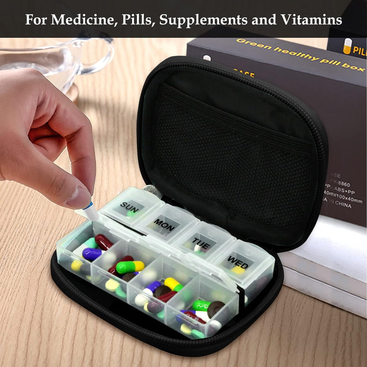 Serfeymi Weekly Travel Pill Organizer Pill Case for Purse with Removable 7 Day Pill Box, Fashionable Travel Medicine Organizer Pill Container for Medicine, Vitamin, Supplement - Black 03 + Pill Box