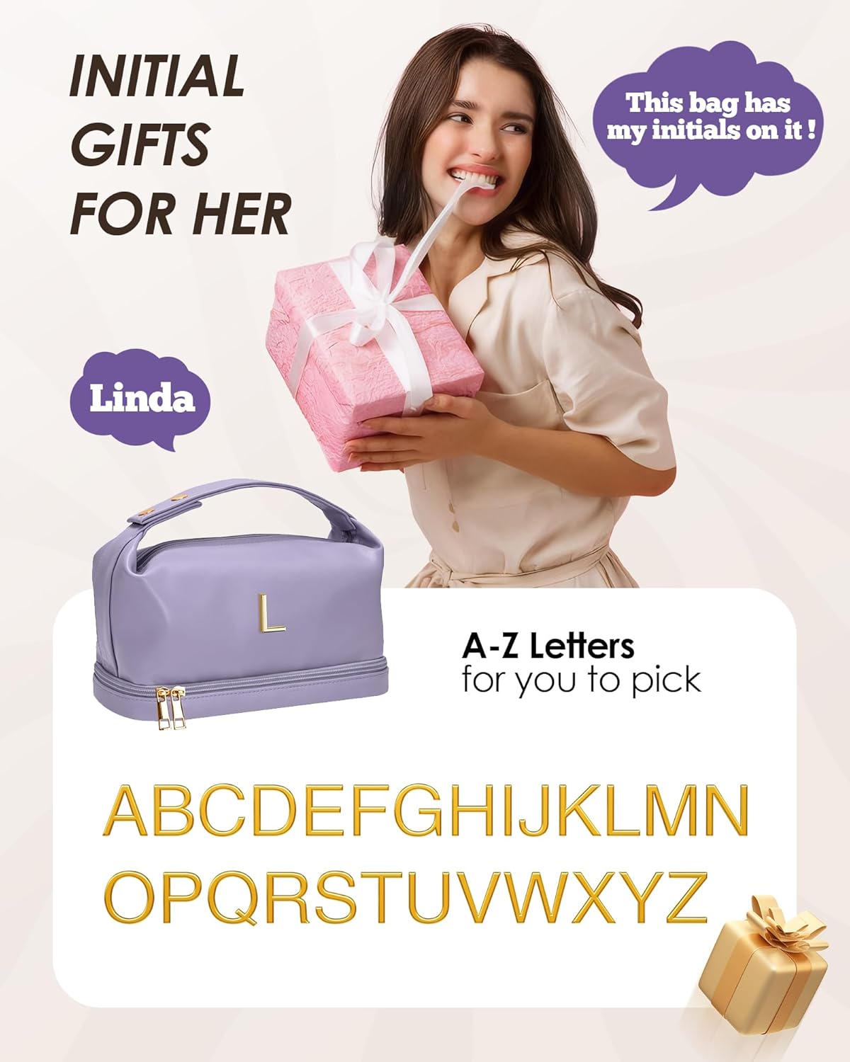 Personalized Friend Gifts, Initial Large Makeup Bag, Personalized Double Layer Cosmetic Bag with Makeup Brush Organizer, Waterproof, Large Capacity PU Leather Toiletry Bag，Teacher Gifts