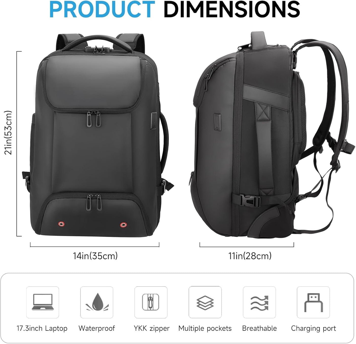 Carry On Backpack,17.3" Travel Backpack with Shoe Compartment,50L Wheeled Backpack Carry On Luggage,Laptop Compartment & USB Charging Port & TSA Approved Lock for Business,Black