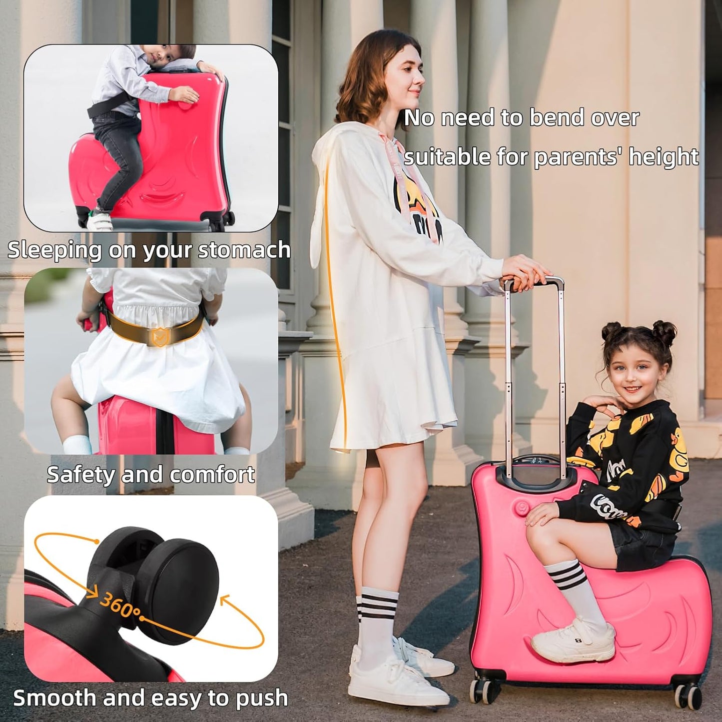 Travel Gear: Premium Toddler Ride-On Luggage with Ergonomic Handle & Secure Harness System, Carry on 21Inch, Red