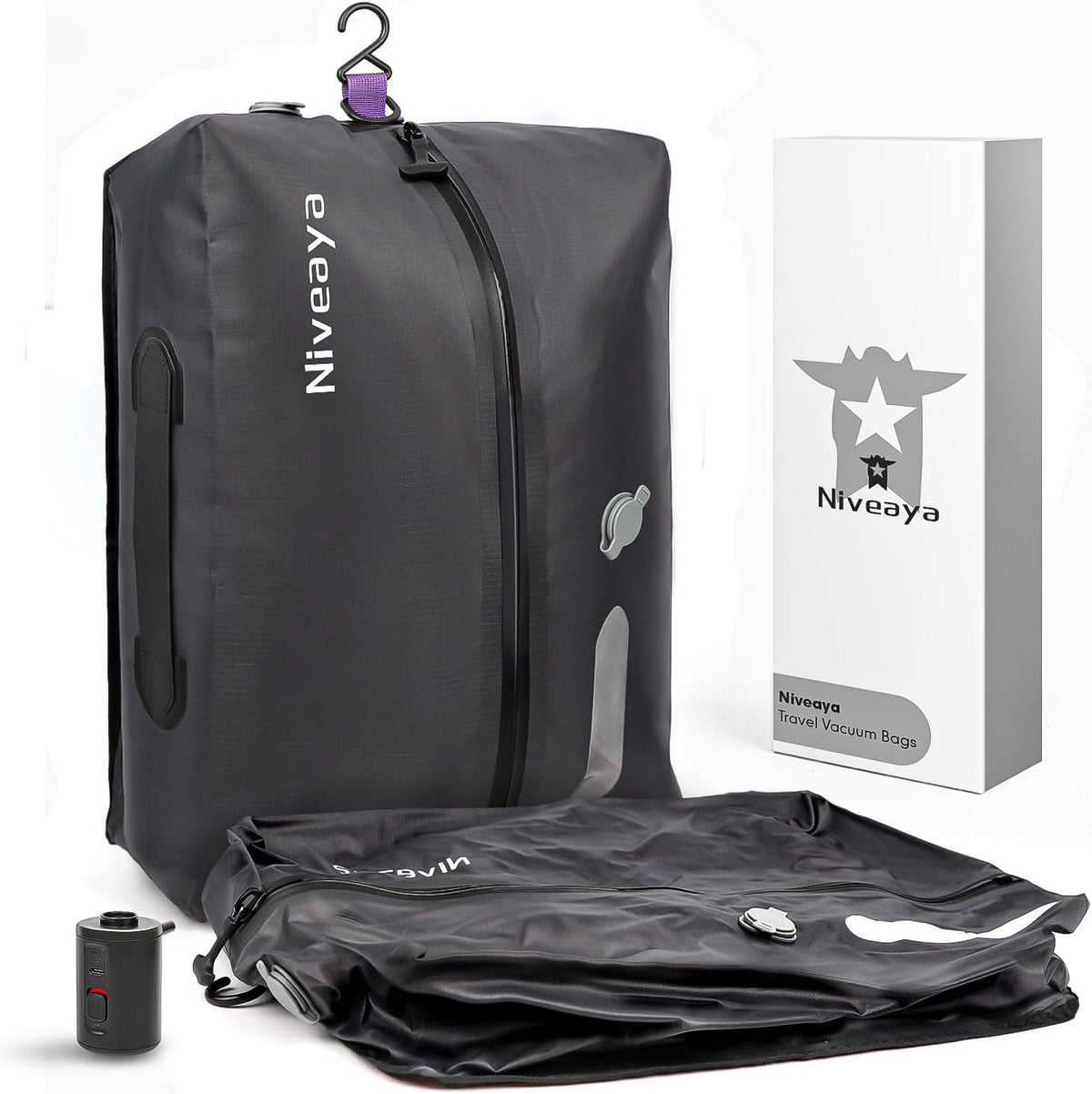 Niveaya Vacuum Bags for Travel with Wireless Pump, Reusable Compression Storage Bags for Suitcases & Closet, Space Saver, Waterproof & Durable