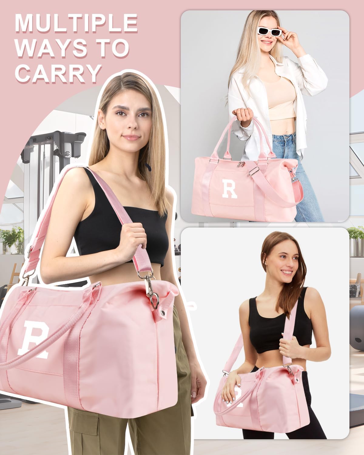 Initial Travel Duffel Bag Sports Gym Bag for Girls Teen Birthday Gifts,Pink Personalized Weekender Bag Carry On Tote Bags for Women Men,Waterproof Overnight Luggage Bag with Trolley Sleeve(Letter R)