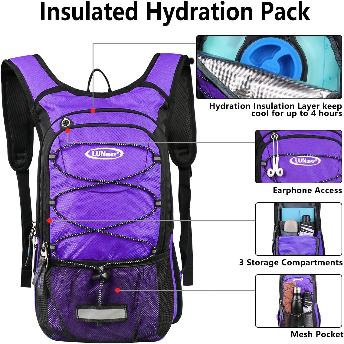 Insulated Hydration Pack Backpack with 3L BPA Free Leak-Proof Water Bladder, Keep Liquids Cool for Up to 5 Hours, Daypack for Hiking, Running, Cycling, Hunting, Climbing