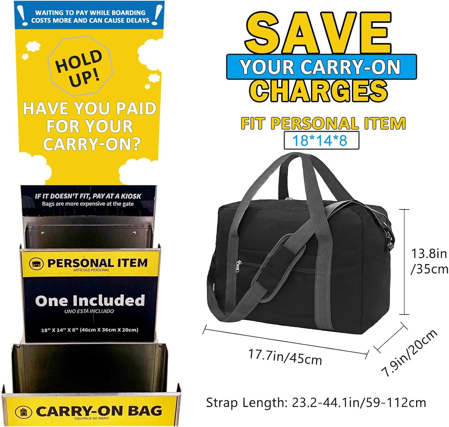 For Spirit Airlines Personal Item Bag 18x14x8 in Underseat Carry-on Luggage foldable Travel Duffle Bag for Airplanes(30L, Black)