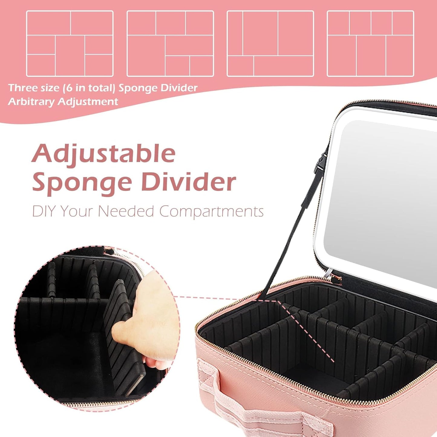 MOMIRA Makeup Train Case with Light & Mirror Large Cosmetic Organizer with Adjustable Dividers for Cosmetics,10X Magnifying Makeup Mirror,Pink