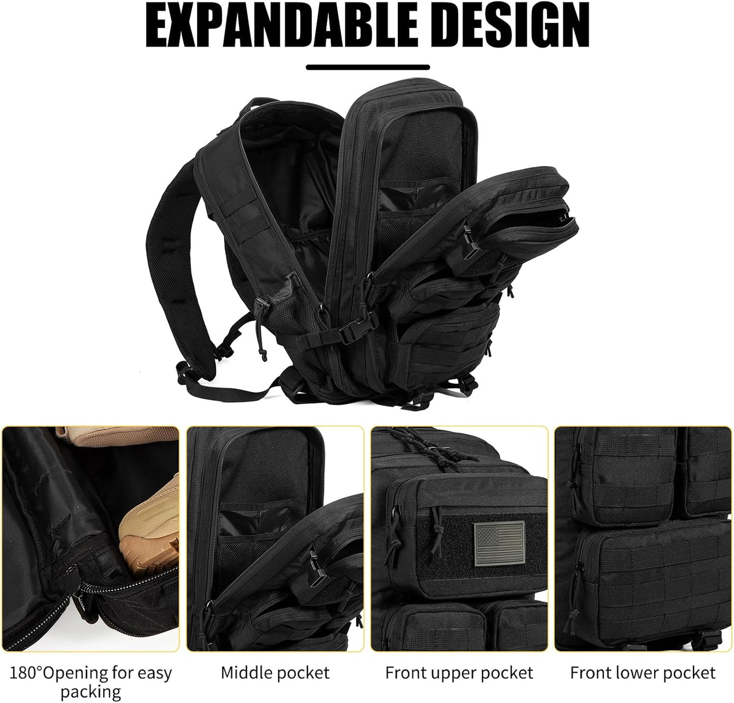 Tactical Backpack for Men, 40/50L Expandable Military Backpack, Waterproof MOLLE Hiking & Camping Rucksack, Assault Pack & Bug Out Bag for Outdoor, Work Backpack