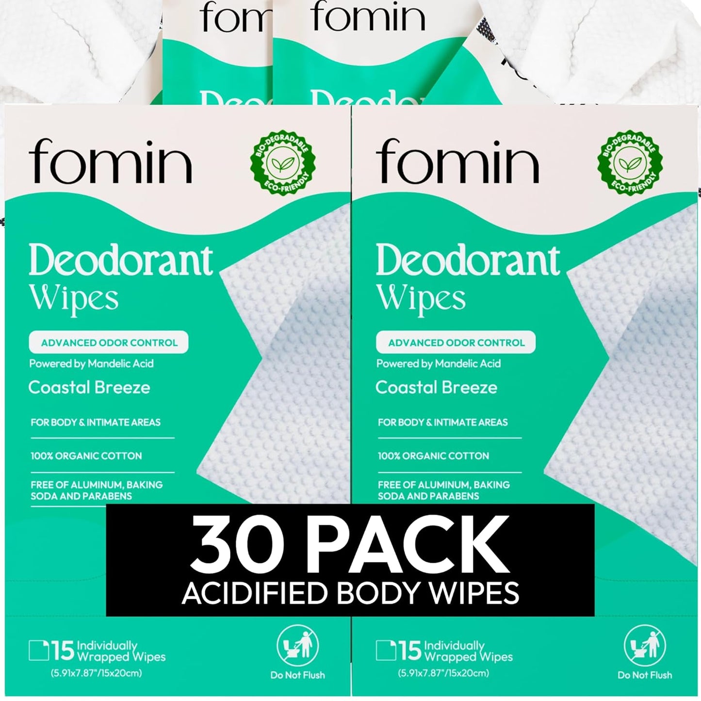 FOMIN Acidified Travel Deodorant Wipes For Women & Men - 30 Count - Coastal Breeze - pH Balanced, Mini Deodorant Travel Size Wipes - Plastic-Free, Individually Wrapped Underarm Body Wipes