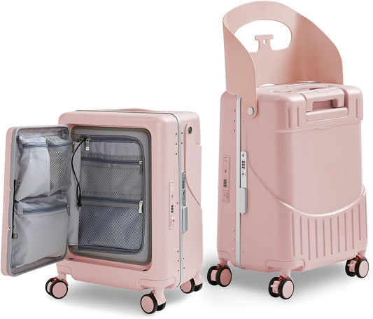 20 Inch Ride on Luggage With Seat For Kids&Adults,with Front Pocket, Foldable Seat Back TSA Approved Lock, 360° Spinner Wheels(20 inch,Pink)