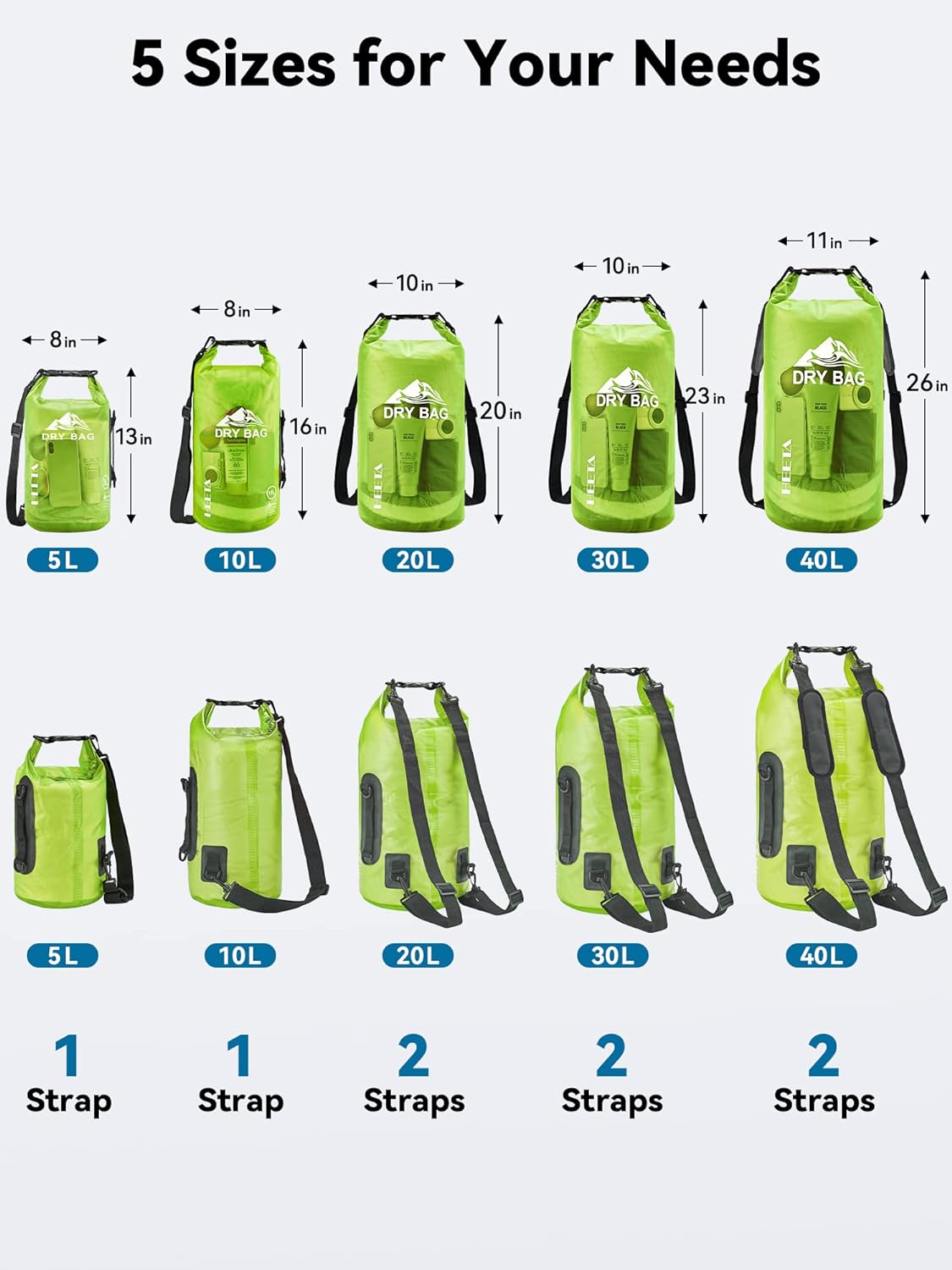 HEETA Dry Bag Waterproof for Women Men, 5L/10L/20L/30L/40L Roll Top Lightweight Dry Storage Bag Backpack with Phone Case for Travel Swimming Boating Kayaking Paddle Board Camping Beach Accessories