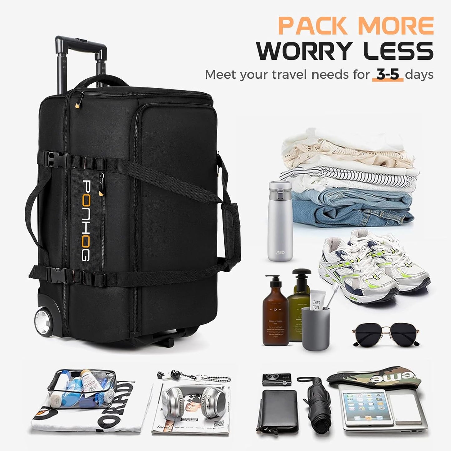 Rolling Duffle Bag with Wheels, Large Travel Duffel Bag with Shoe Compartment, Water Resistant Rolling Wheeled Luggage for Men Women Weekender Overnight Trip
