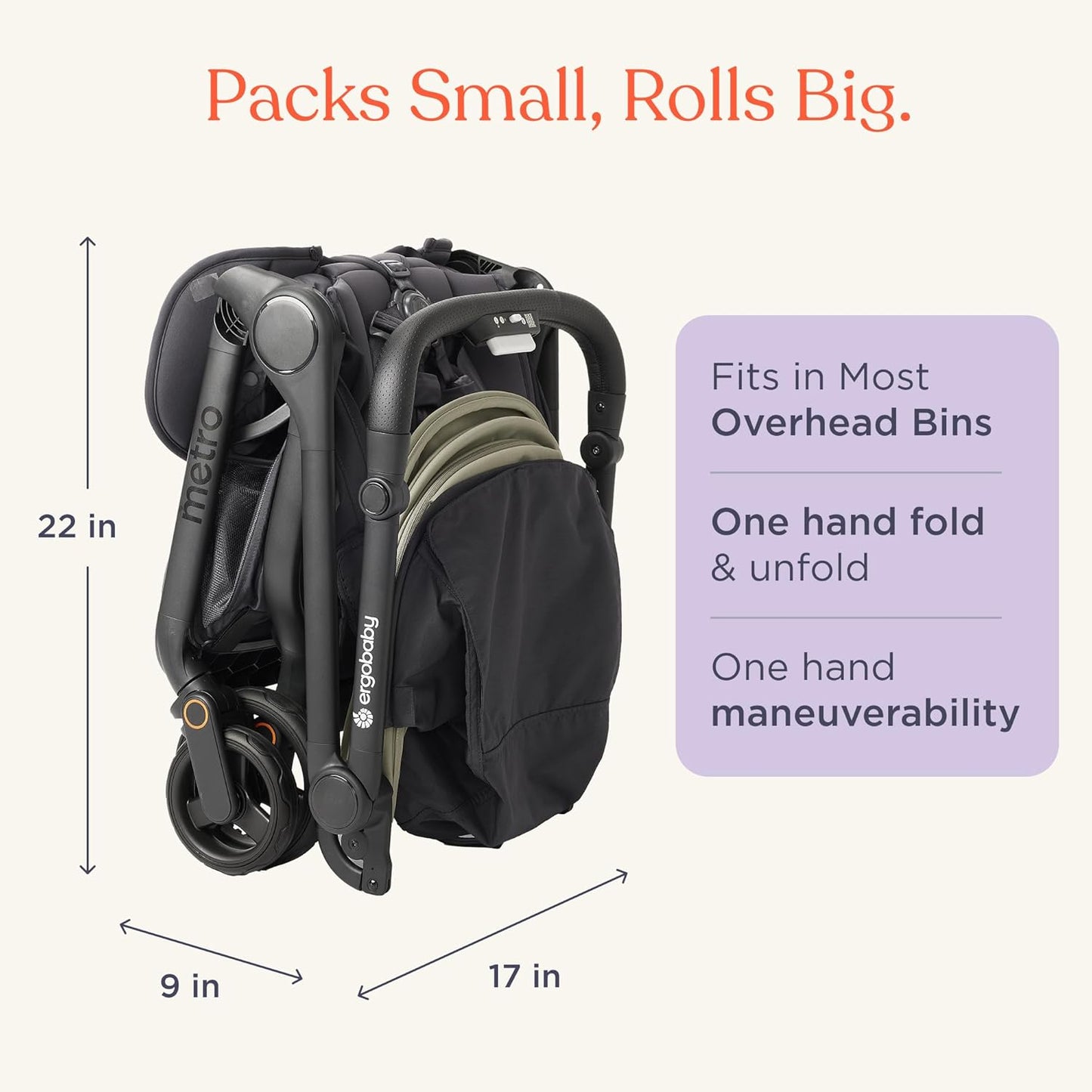 Ergobaby Metro 3 All in One Compact Baby Stroller, Lightweight Travel Stroller, Easy One-Hand Fold for Overhead Airplane Storage (Carries up to 50 lbs), Car Seat Compatible, Soft Olive