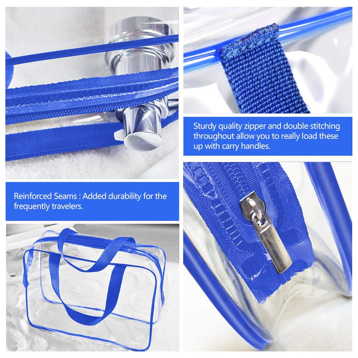 4Pcs Crystal Clear PVC Travel Toiletry Bag Kit for Women Men, Waterproof Vinyl Packing Organizer Storage Bags with Zipper Handle Straps, Cosmetic Pouch Carry on Airport Airline Compliant Bag Handbag