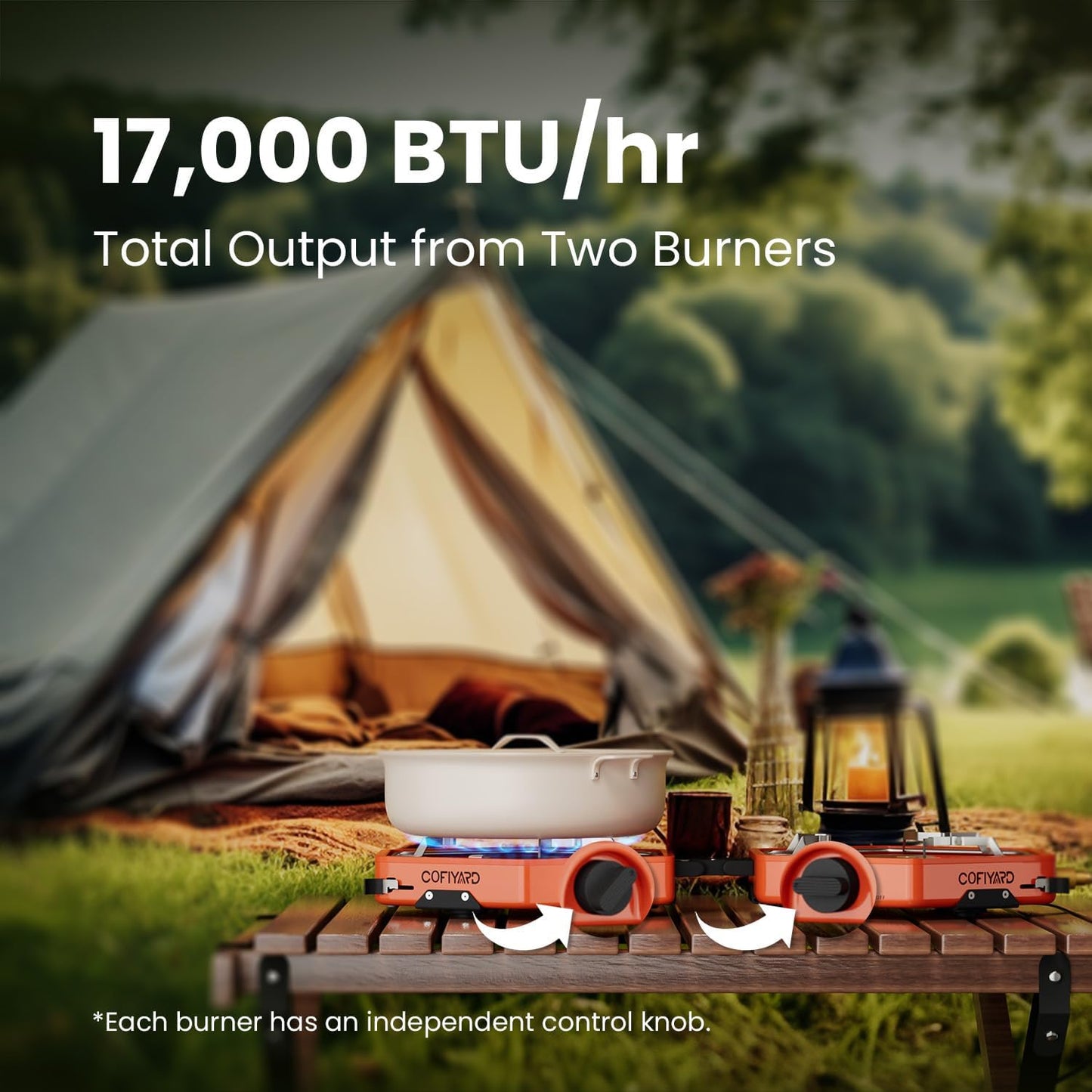 Propane 2 Burner Camping Stove with Carrying Bag, Portable Folding Gas Stove for Camping, Backpacking Camp Stove for Outdoor Cooking, With 17,000 BTU Adjustable Burners for BBQ, Tailgating