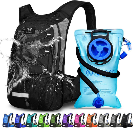 Insulated Hydration Backpack Pack with 3L BPA Free Leak Proof Water Bladder, Large Storage Lightweight Hiking Daypack with Waist Pouches & Cooler Layer, for Running, Biking, Camping, Festival