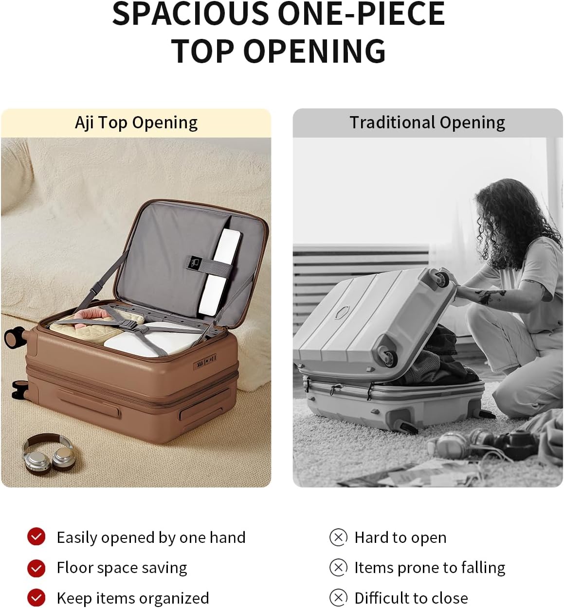 aji Expandable Top Opening Carry On Luggage Airline Approved, 20 Inch Lightweight Hardside Carry On Suitcase with Spinner Wheels, Travel Luggage with Laptop Compartment for Women Men, Chocolate Brown