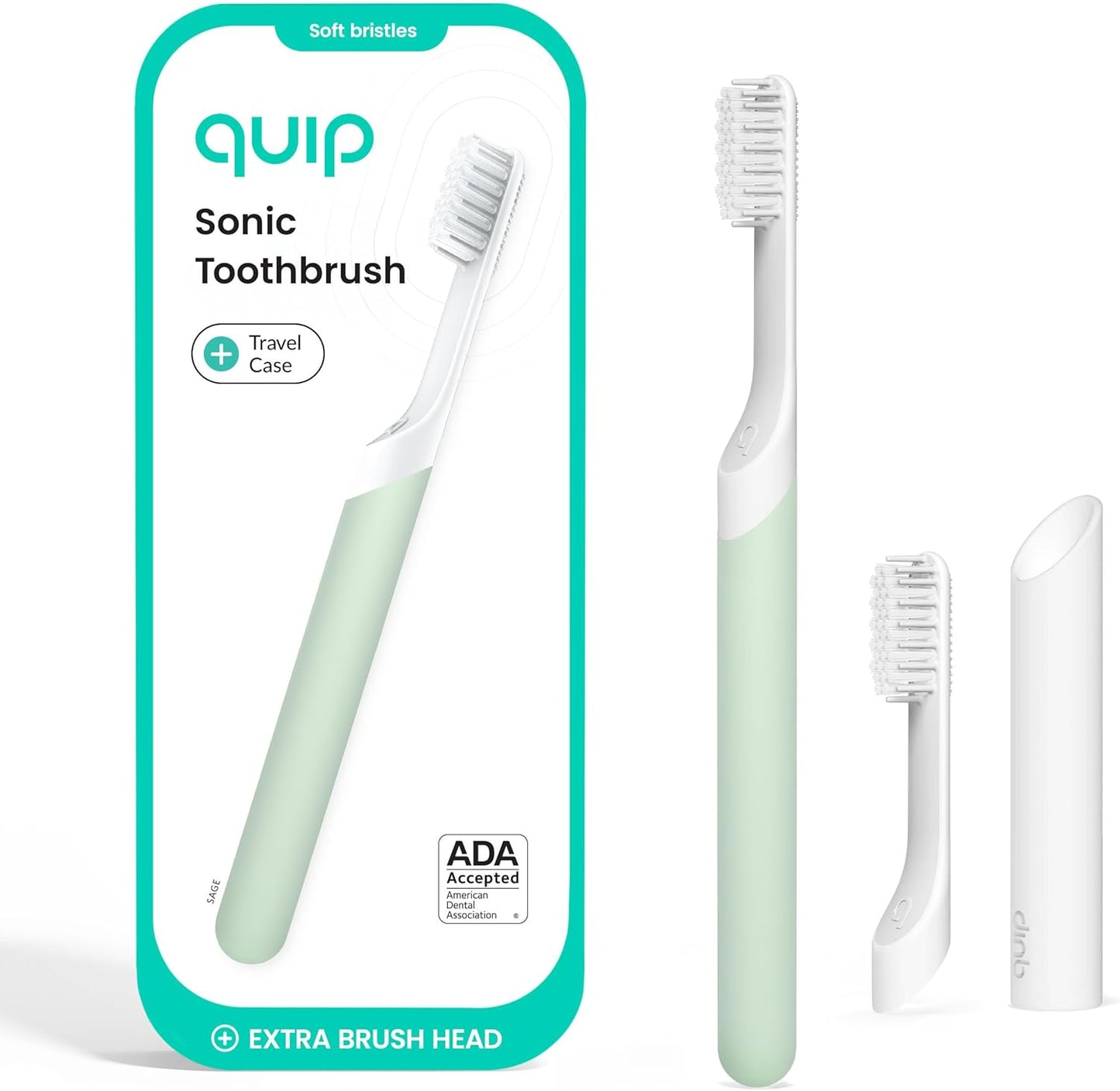 Quip Plastic Sonic Toothbrush, Electric Toothbrush for Adults –Time Travel & Soft Bristles with Travel Case & Replaceable Brush Head -3-Month Battery Life - Sage Green