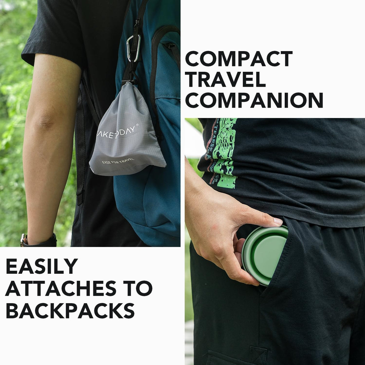 TakeToday Collapsible Travel Cup - Silicone Foldable Water Cup, BPA-Free with Lid & Waterproof Bag - Drinking Cup Set for Office, Camping & International Travel（8 Oz, Green）