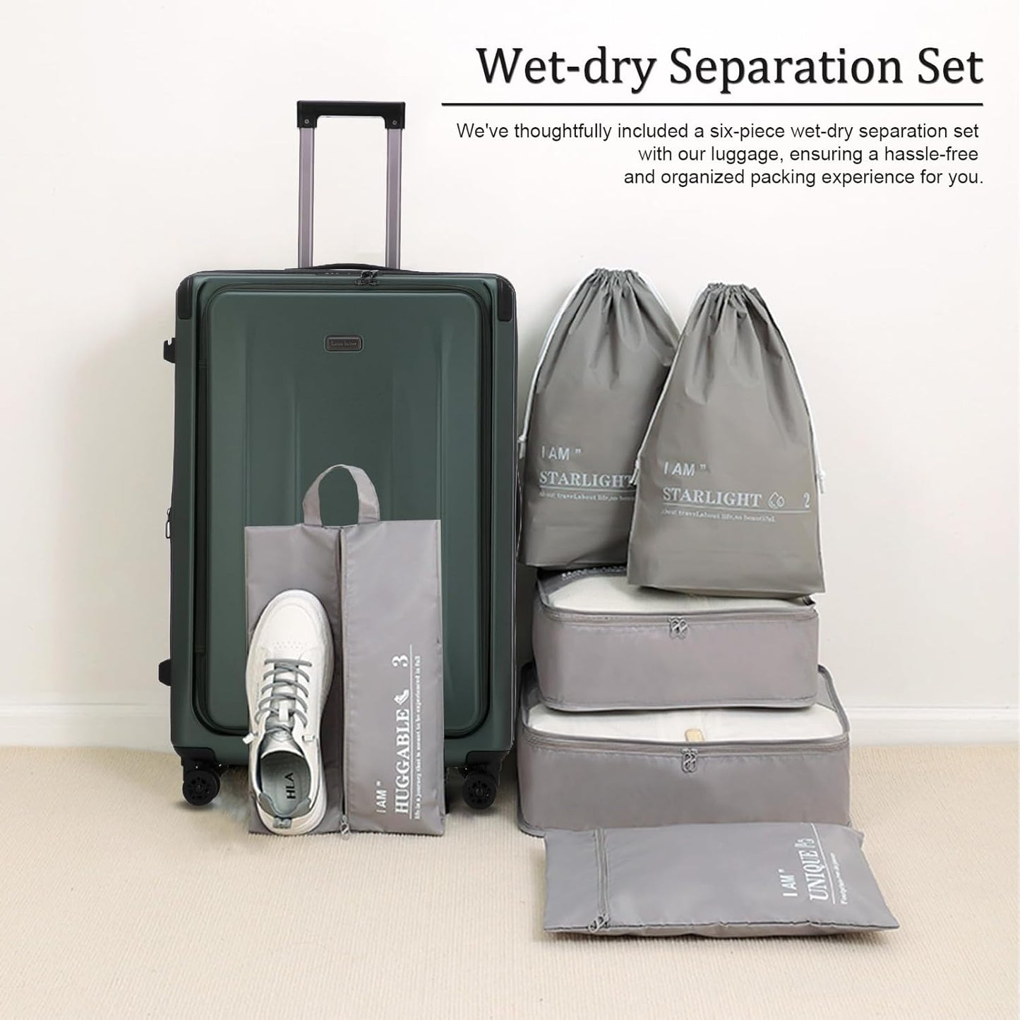 Carry On Luggage, 20 Inch Top Opening Aluminum Frame Lightweight Airline Approved ABS+PC Hard Shell Suitcases with Silent Wheels, TSA Lock, Front Pocket & Wet-dry Separated Six-piece Set