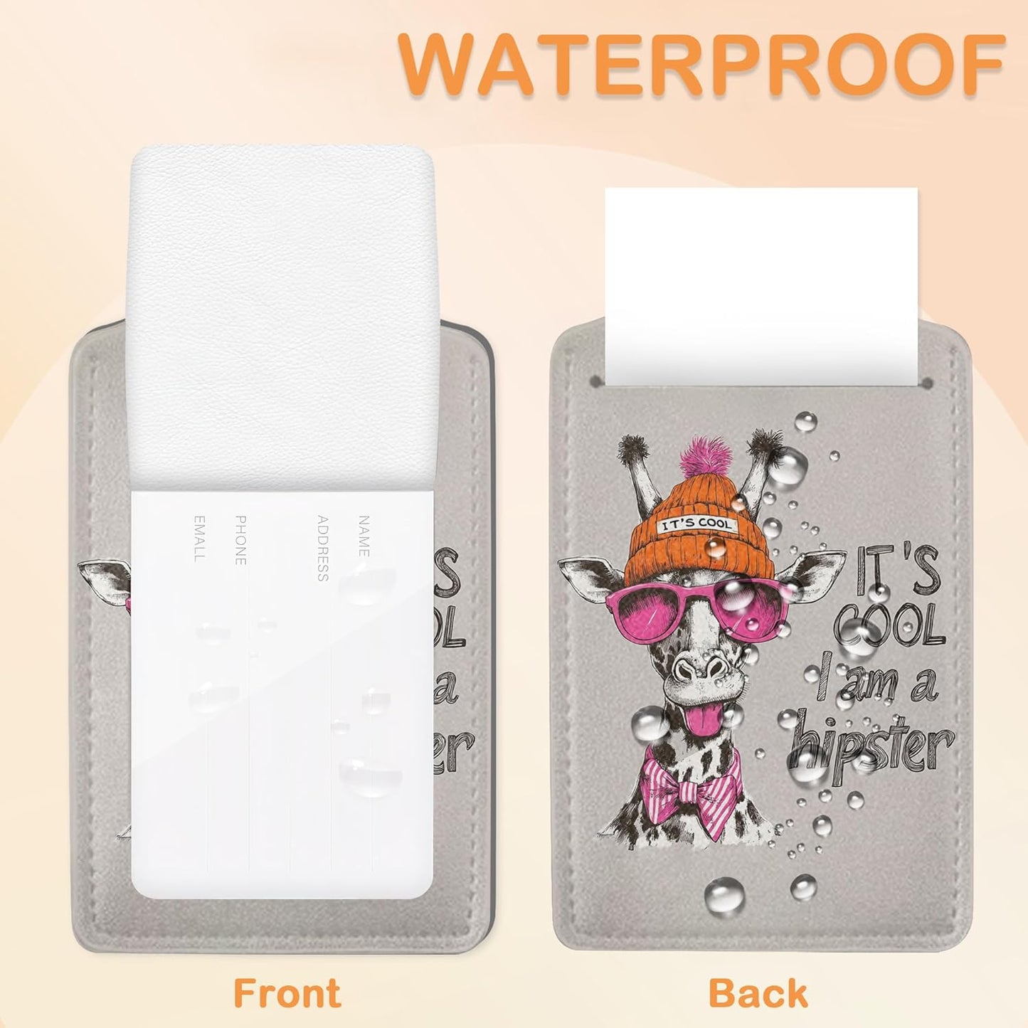 Funny Hipster Giraffe 3 Pack PU Leahter Luggage Tag with Stainless Steel Loop, Cool Cartoon Giraffe Travel Suitcase Labels with Privacy Cover ID Label Quickly Spot for Bags