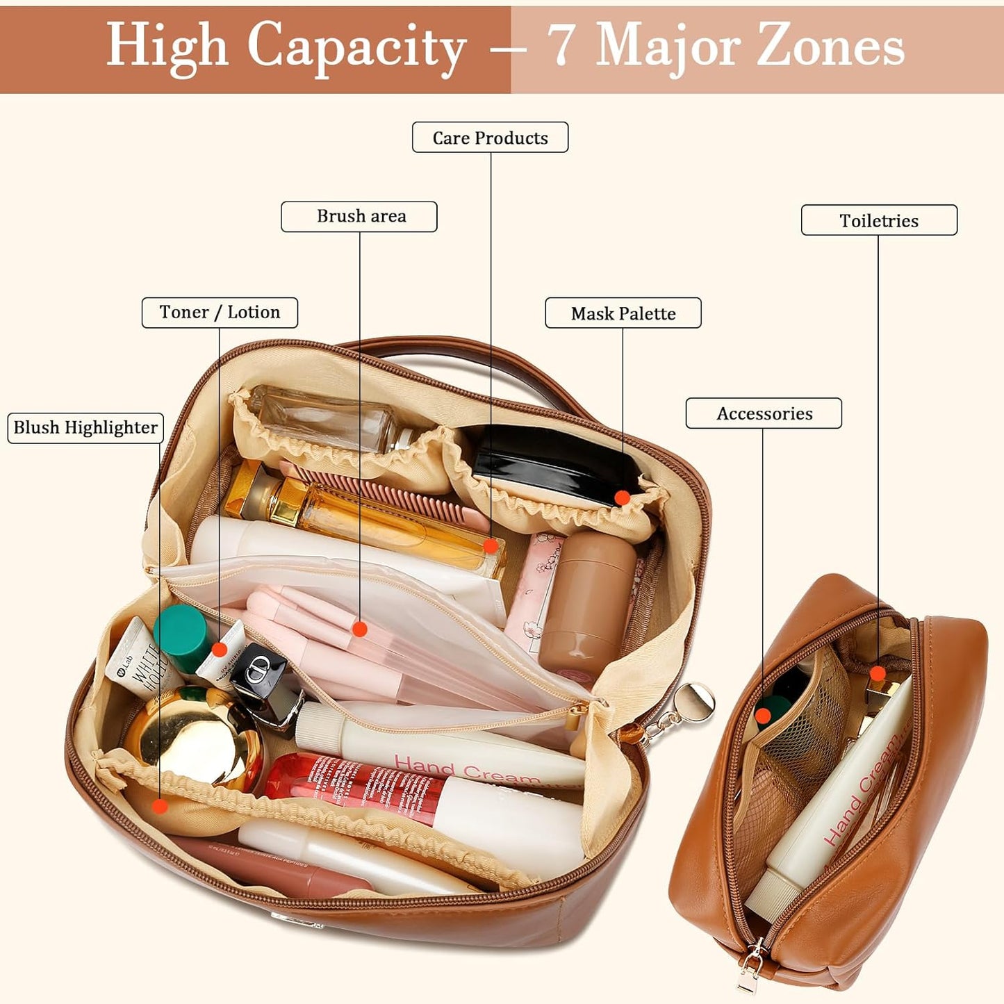 Birthday Gifts for Women Teen Girl, Personalized Initial Makeup Organizer Bag Set, Open Flat Travel Cosmetic Bag With Clear Divider and Handle(Brown,F)