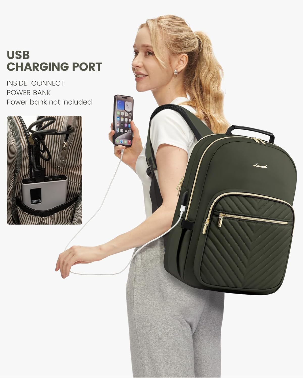 LOVEVOOK Laptop Backpack for Women, Travel Computer Work Bags with 17-inch Laptop Compartment, College School Student Bag Teen Backpacks For Girls, Outdoor Carry On Backpack Purse, Army Green