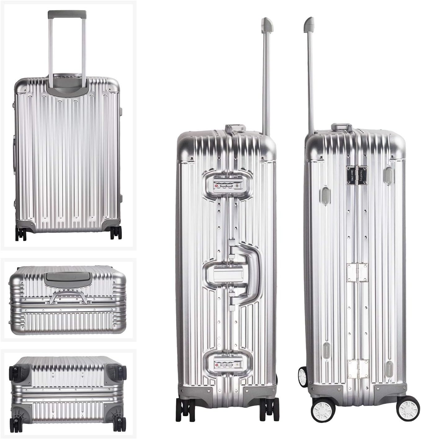 TRAVELKING All Aluminum Luggage Zipperless Hard Shell Suitcase with TSA Lock Spinner Wheels Lightweight Metal Alloy Suitcases (Silver, 24 inch)