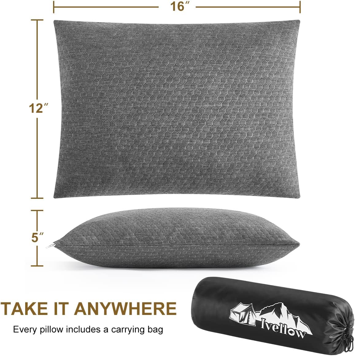 Ivellow Memory Foam Travel Pillow Compressible Camping Pillow for Sleeping Shredded Memory Foam Pillow Compact Firm Supportive Travel Pillow for Adults Kids Outdoor Backpacking Hiking Essential Gear-S