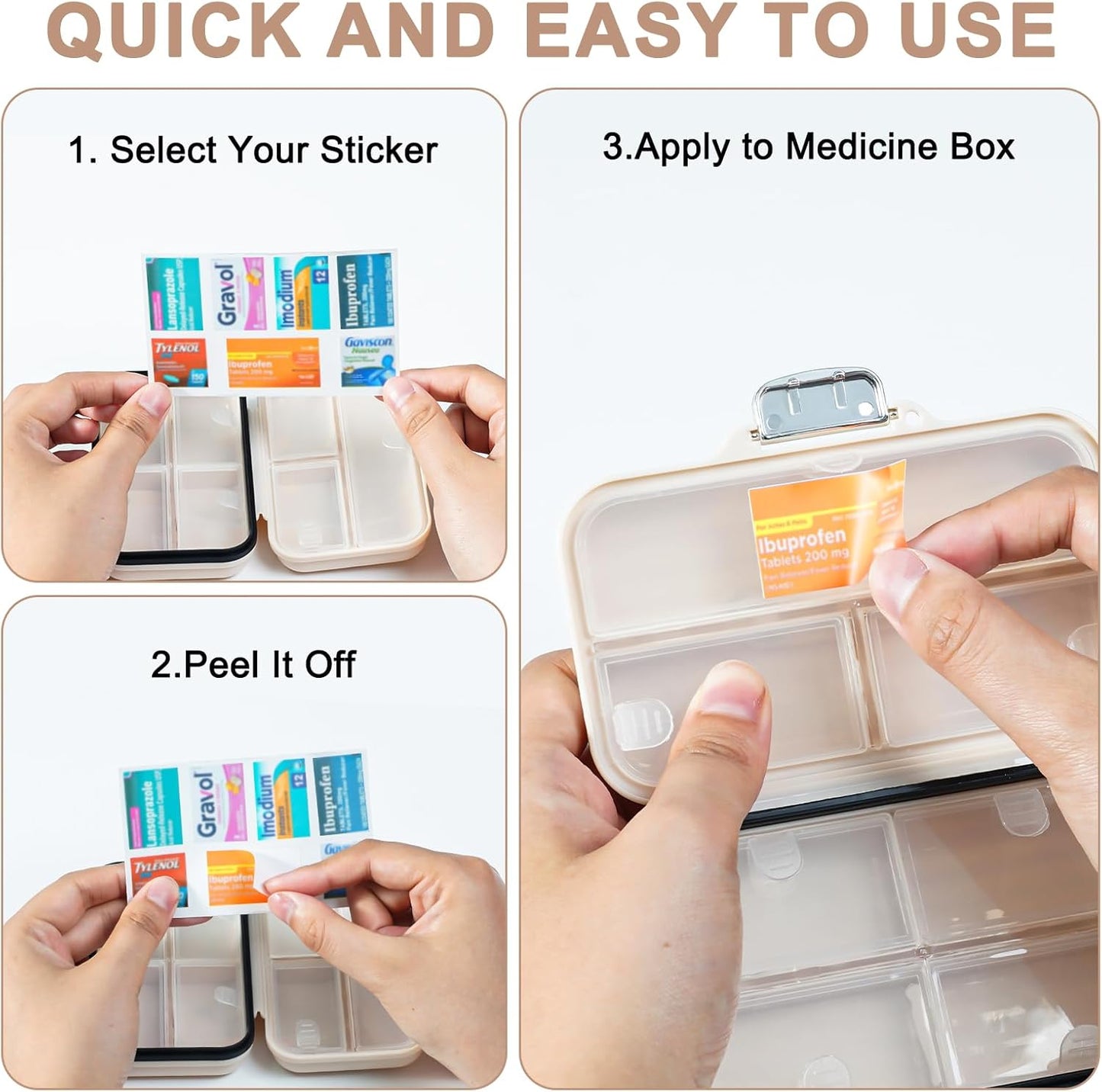 Travel Pill Organizer Box with Medicine Labels, 7 Compartments Portable Pill Case, Daily Medication Organizer Storage Pill Container for Pocket Pharmacy(Pearly White, L)