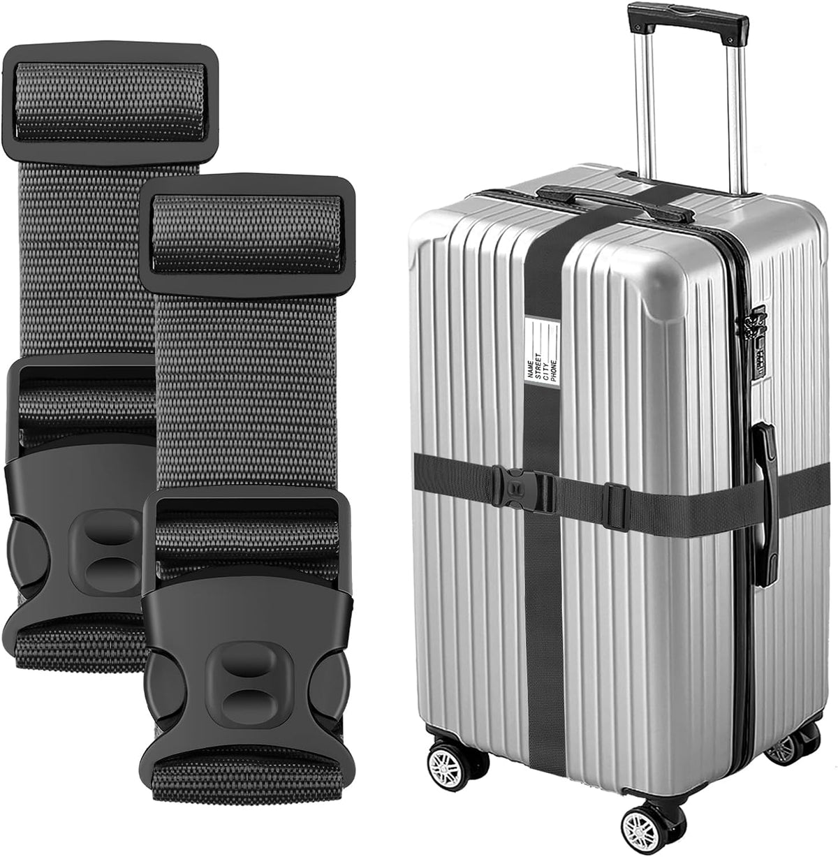 BILIONE Luggage Straps 88 inch Adjustable Suitcase Belt, Lockable Against Accidental Opening, Easy to Identify Travel Accessories, Add a Bag Connector(Versatile Black, 2)