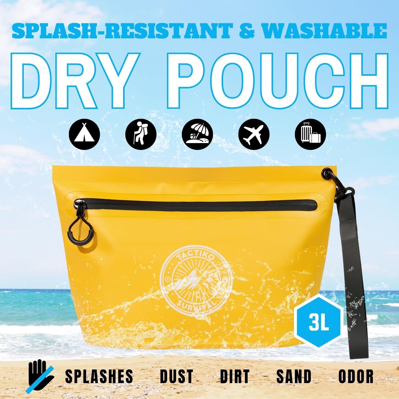 3-Pack Tactiko Heavy-Duty Splash Water Resistant Zipper Pouches - 3 L Hold-All Organizers for Dry Bags, Travel Bags (3, Yellow/Red/Gray)