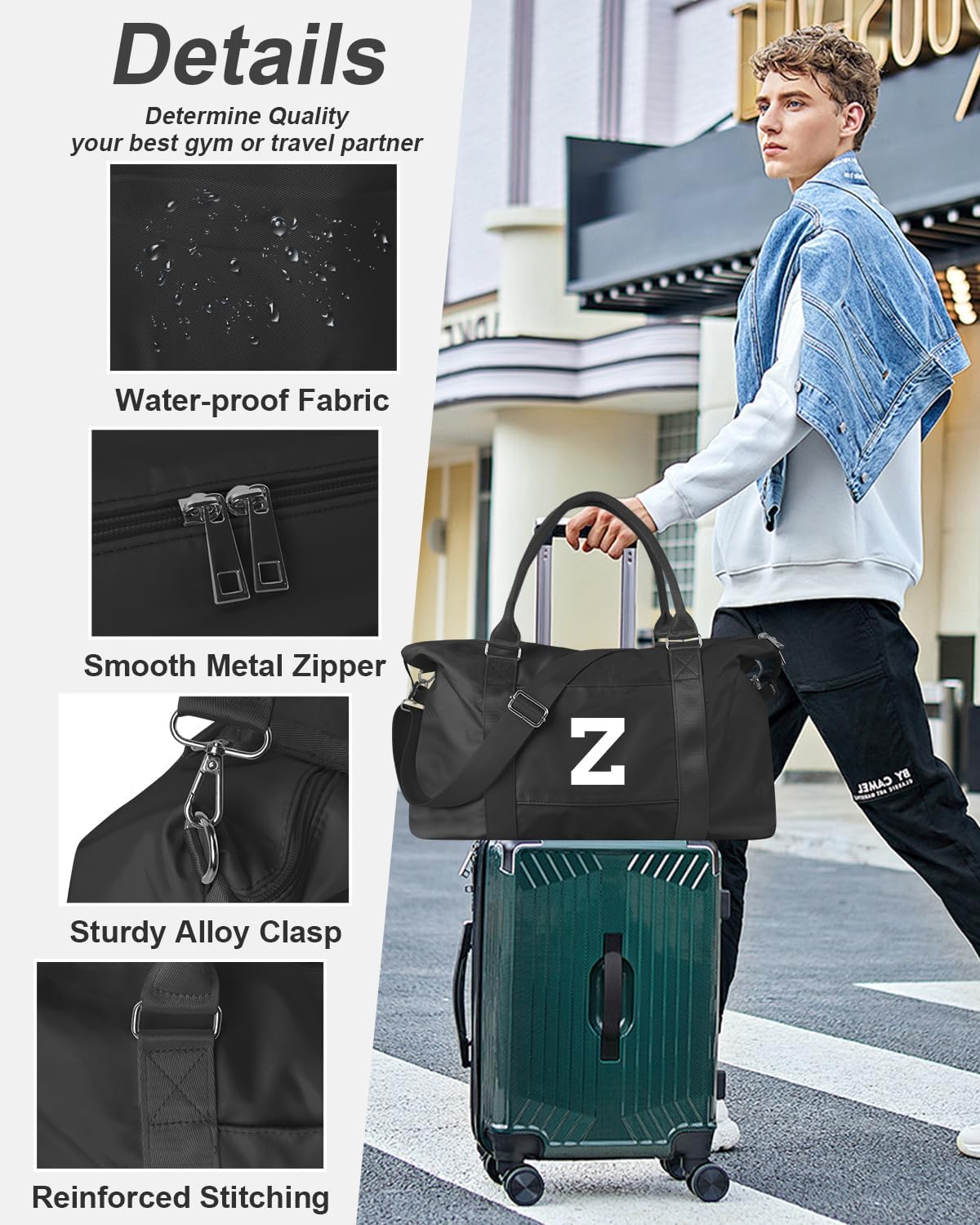 Initial Travel Duffel Bag Sports Gym Bag for Boys Teen Birthday Gifts,Black Personalized Weekender Bag Carry On Tote Bags for Men,Waterproof Overnight Luggage Bag Airplane Travel Essentials(Letter Z)