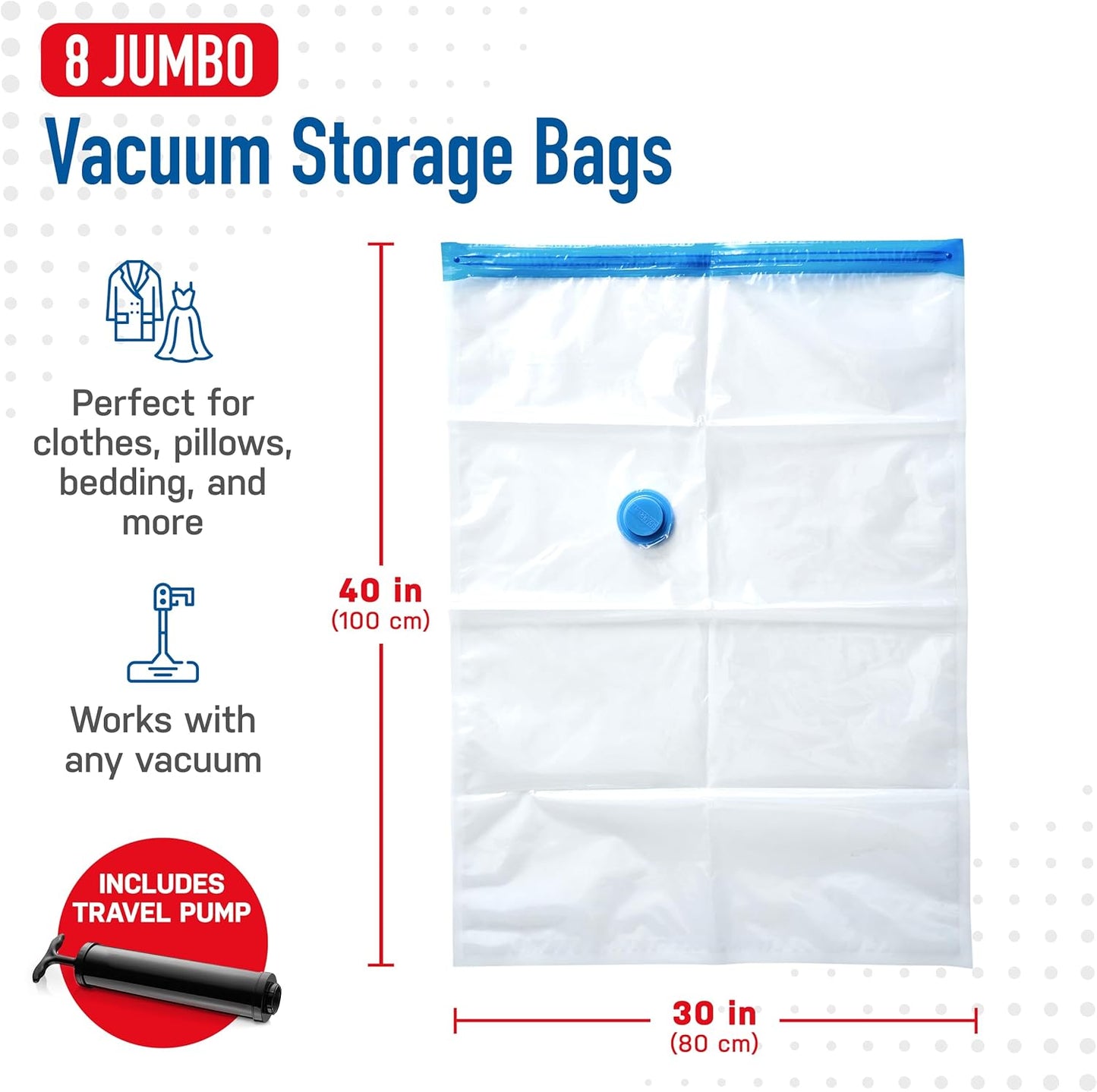 8 Pack Jumbo Vacuum Storage Bags for Comforters, Blankets & Clothes – Jumbo Vacuum Sealed Compression Bags with Hand Pump – Space Saver Storage Bags for Bedding, Moving, Travel & Organization