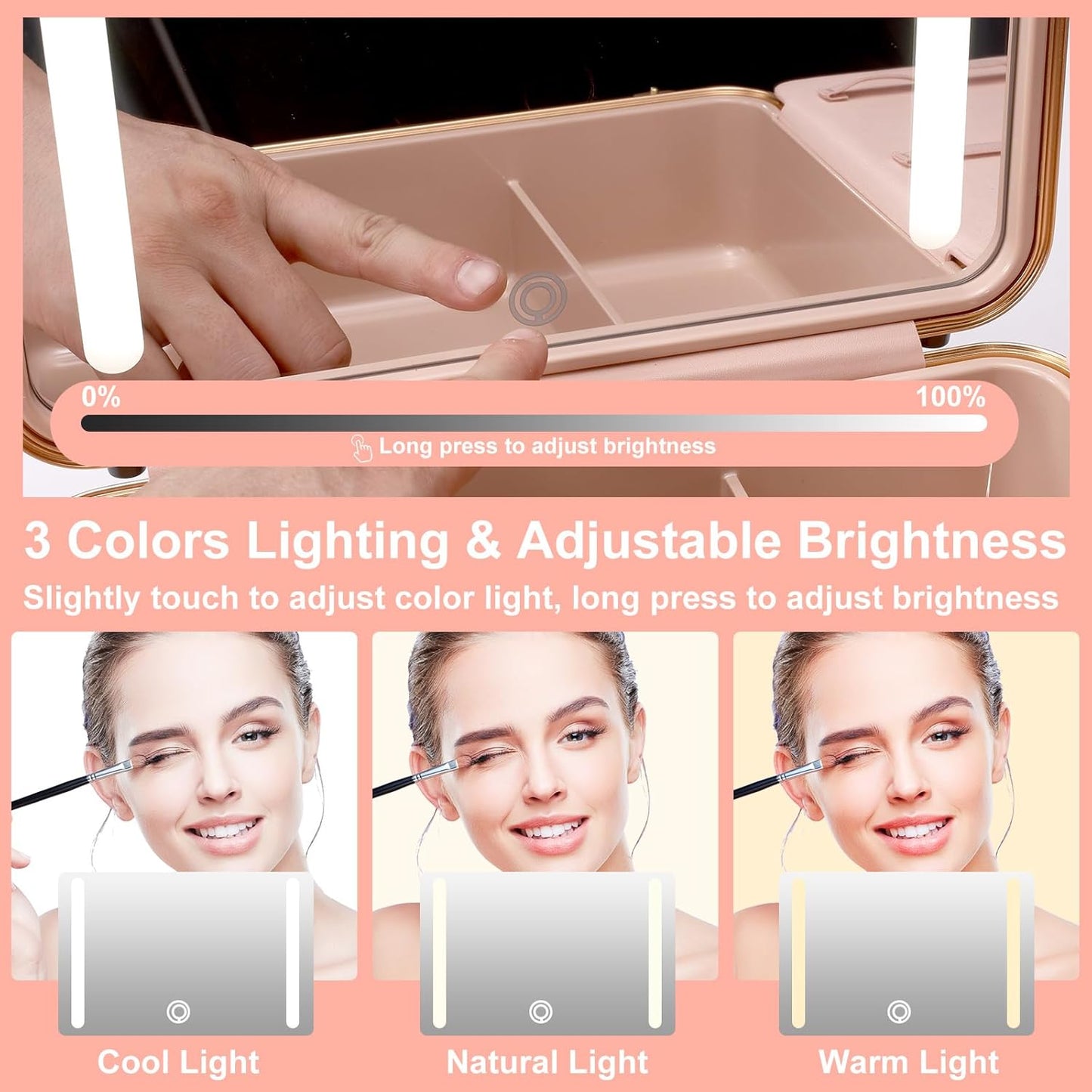 Mocado Travel Makeup Case with Lighted Mirror, Makeup Box with 8 Makeup Brushes and 10x Magnifying Mirror,Cosmetic Case Adjustable Brightness Makeup Train Case with Makeup Brushes Divider(Black)